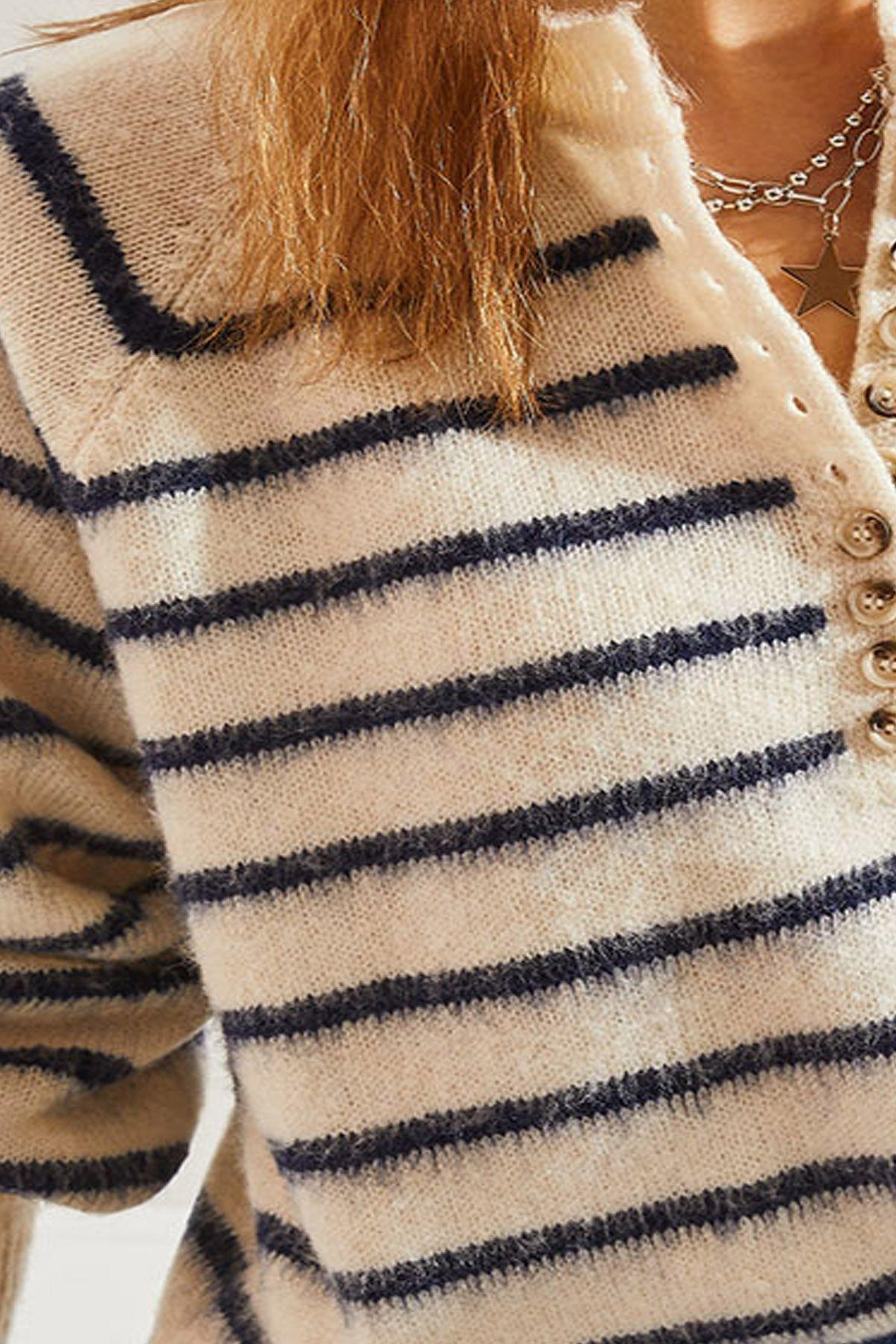 Multicolour Raised Striped Knitted Sweater, Ecru-Navy Blue, large image number 3