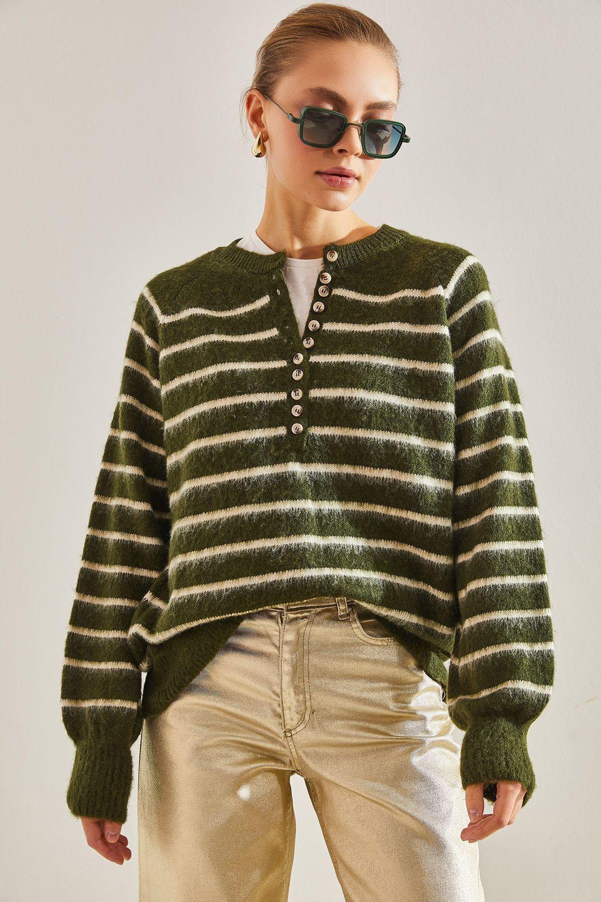 Khaki Raised Striped Knitted Sweater, Khaki, large image number 0