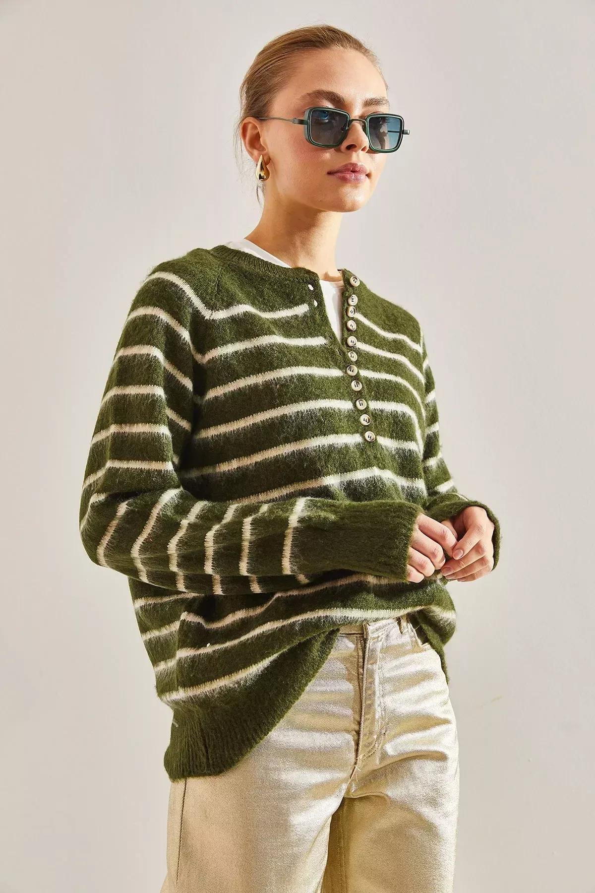 Khaki Raised Striped Knitted Sweater, Khaki, large image number 1
