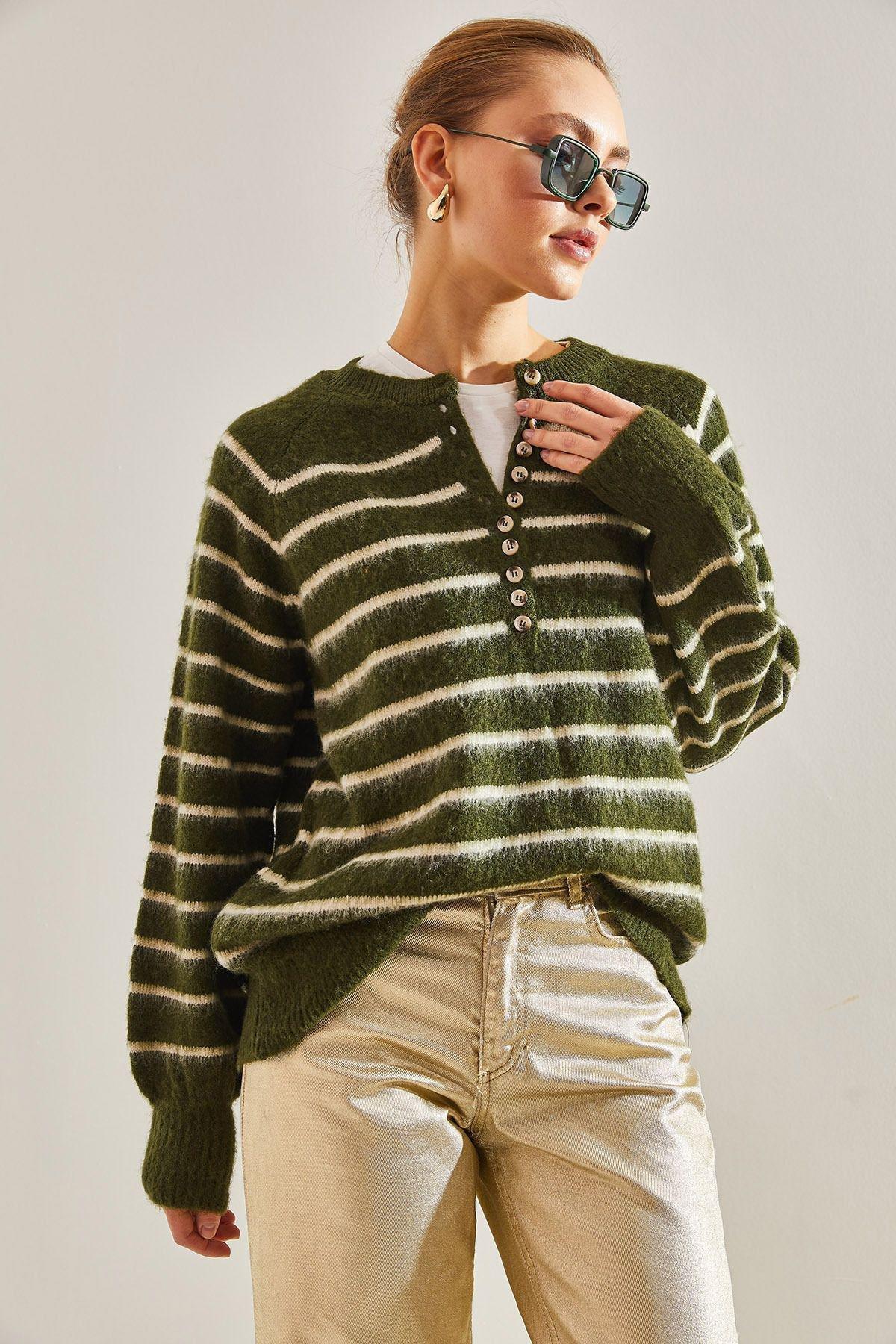 Khaki Raised Striped Knitted Sweater, Khaki, large image number 2
