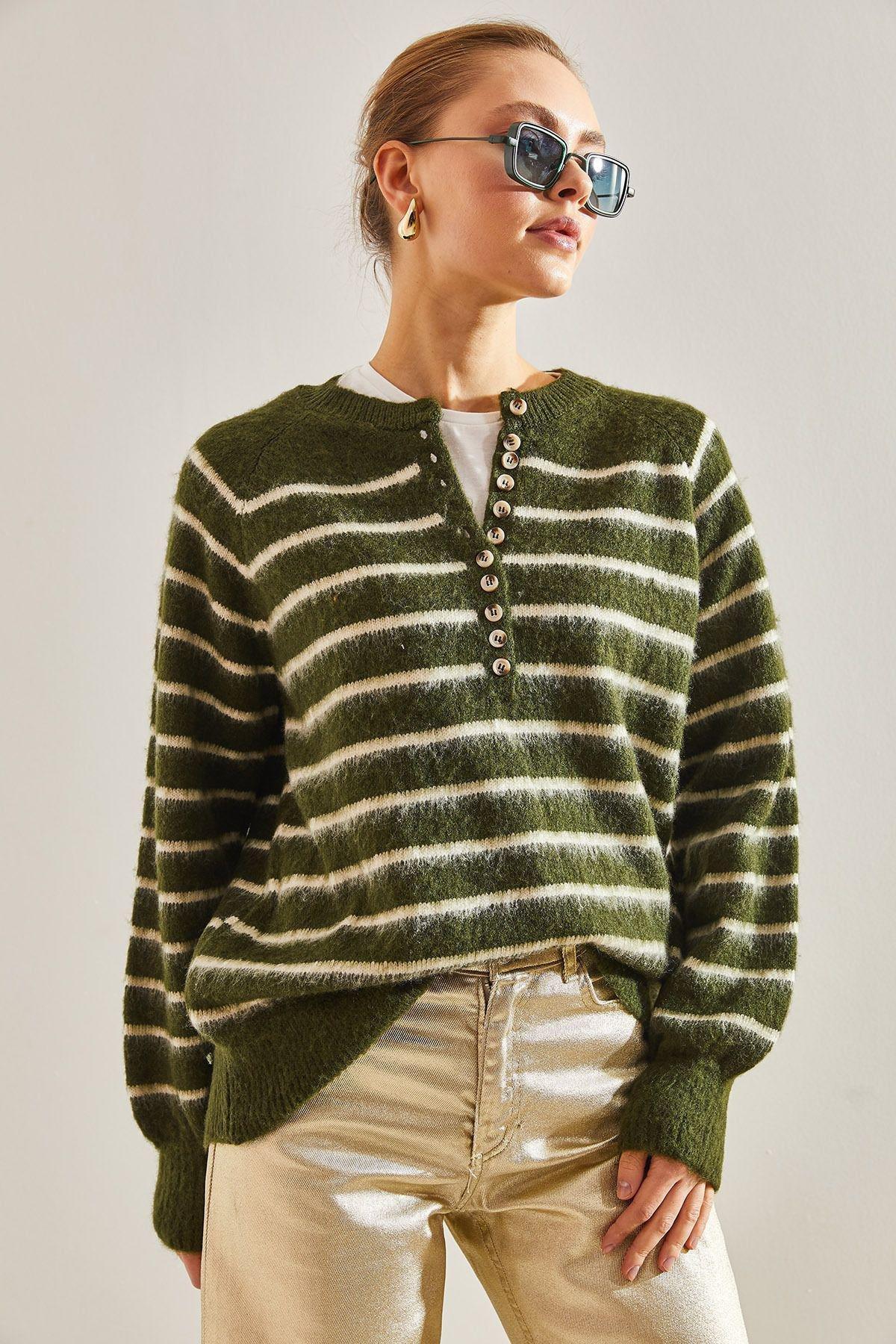Khaki Raised Striped Knitted Sweater, Khaki, large image number 3