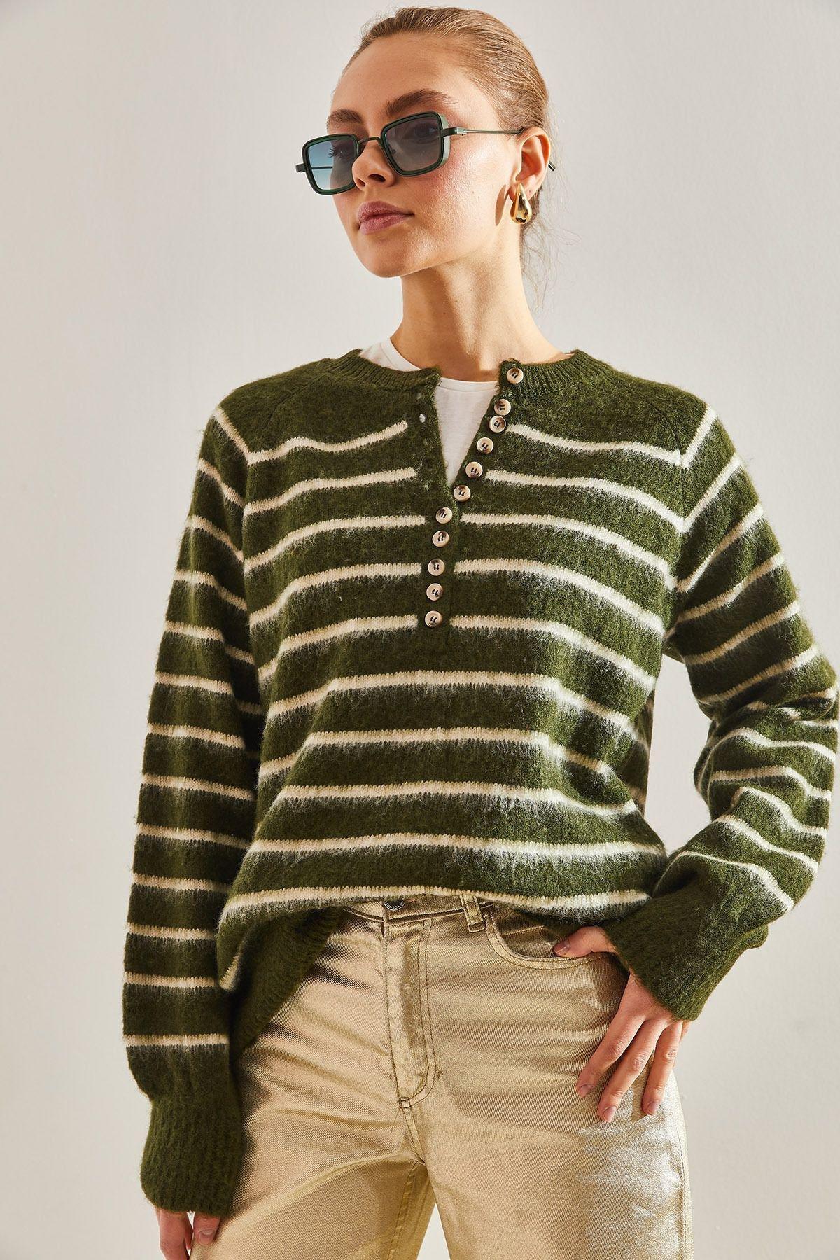 Khaki Raised Striped Knitted Sweater, Khaki, large image number 4