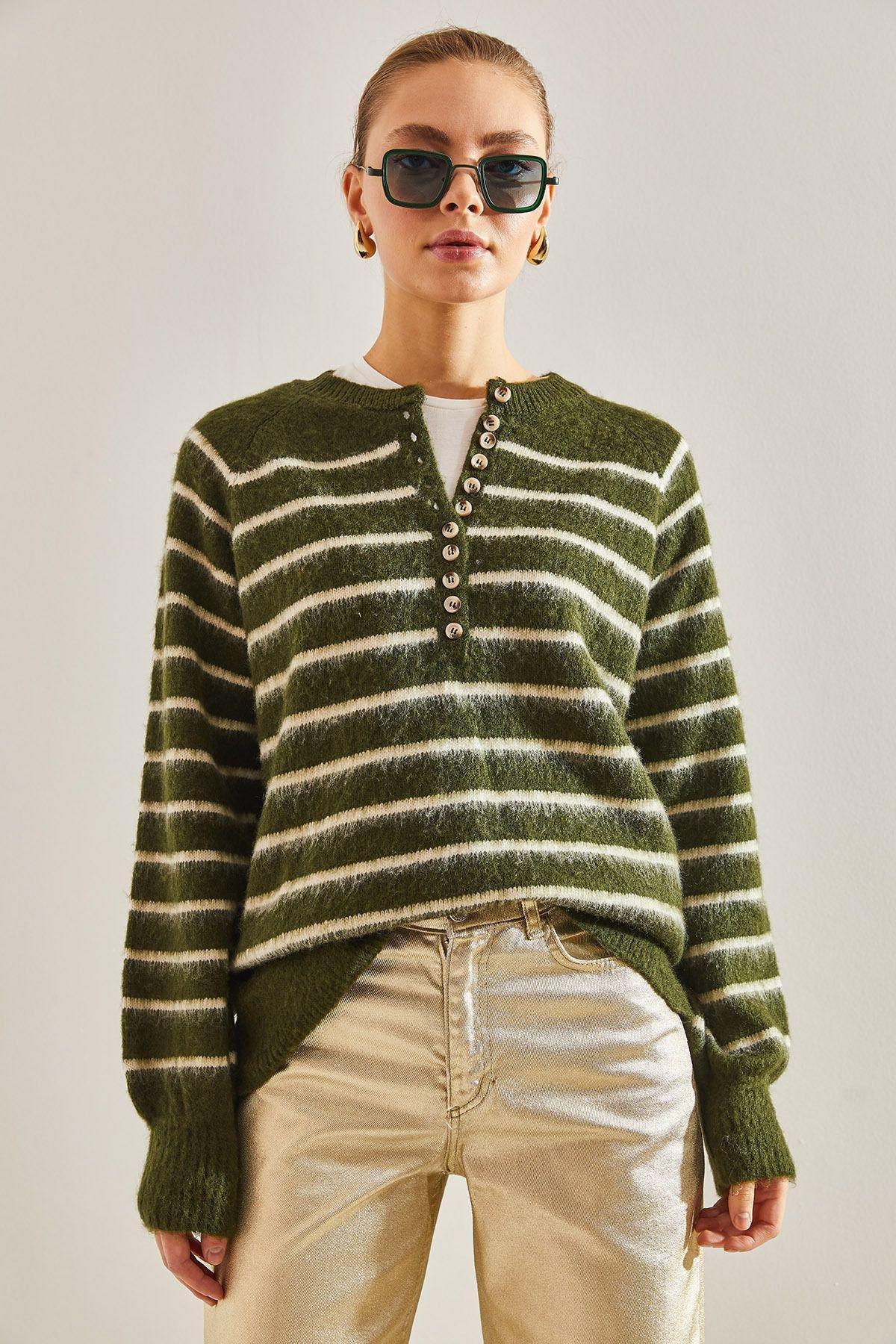 Khaki Raised Striped Knitted Sweater, Khaki, large image number 6