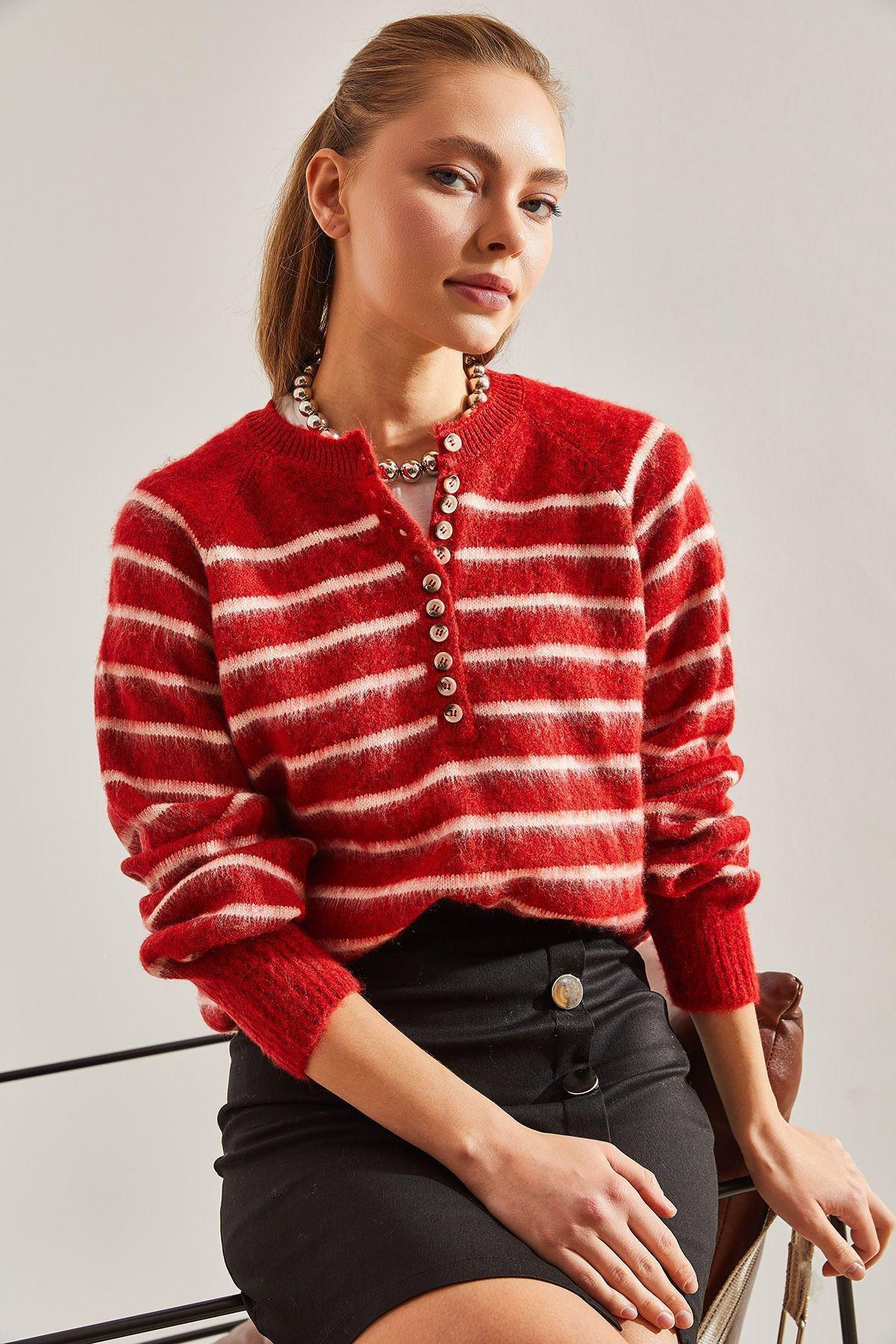 Red Raised Striped Knitted Sweater, Red, large image number 0