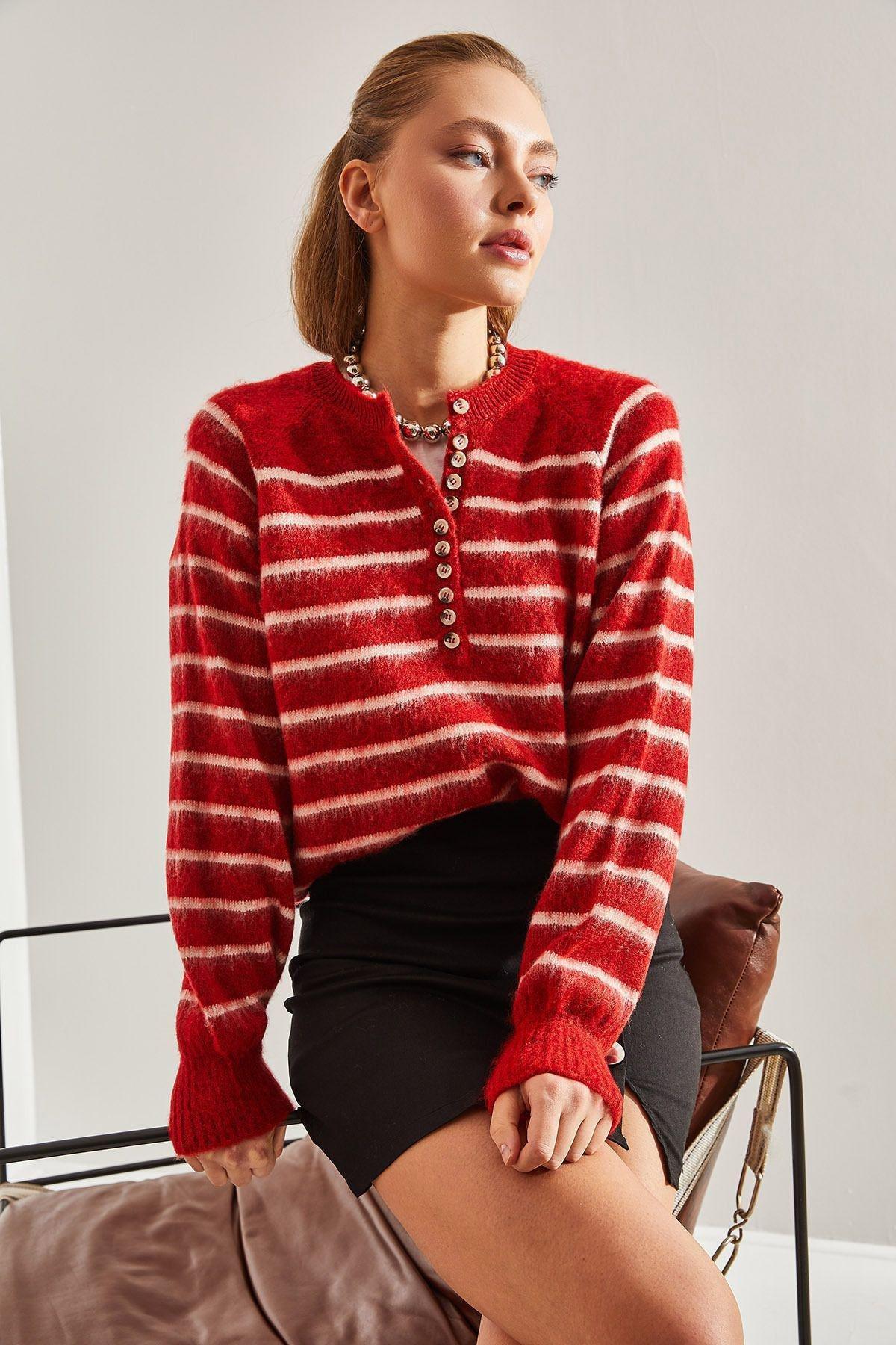 Red Raised Striped Knitted Sweater, Red, large image number 1
