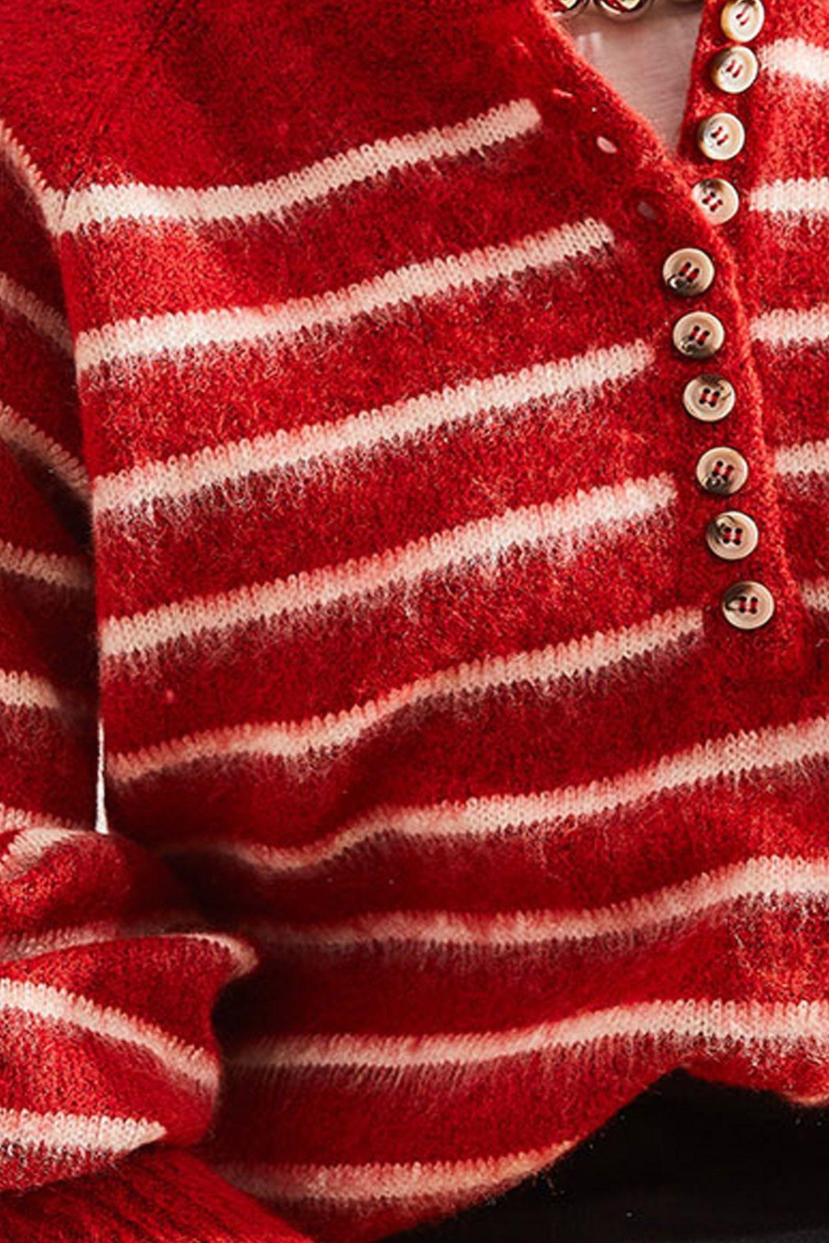 Red Raised Striped Knitted Sweater, Red, large image number 2