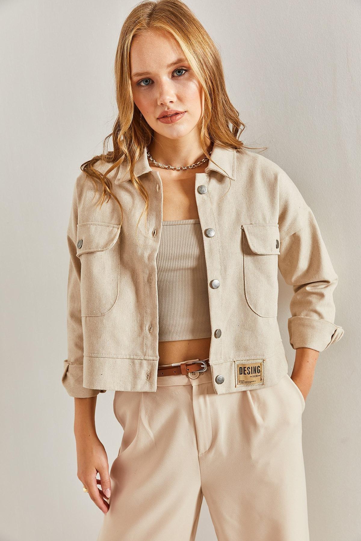 Beige Double Pocket Gabardine Jacket, , large image number 4