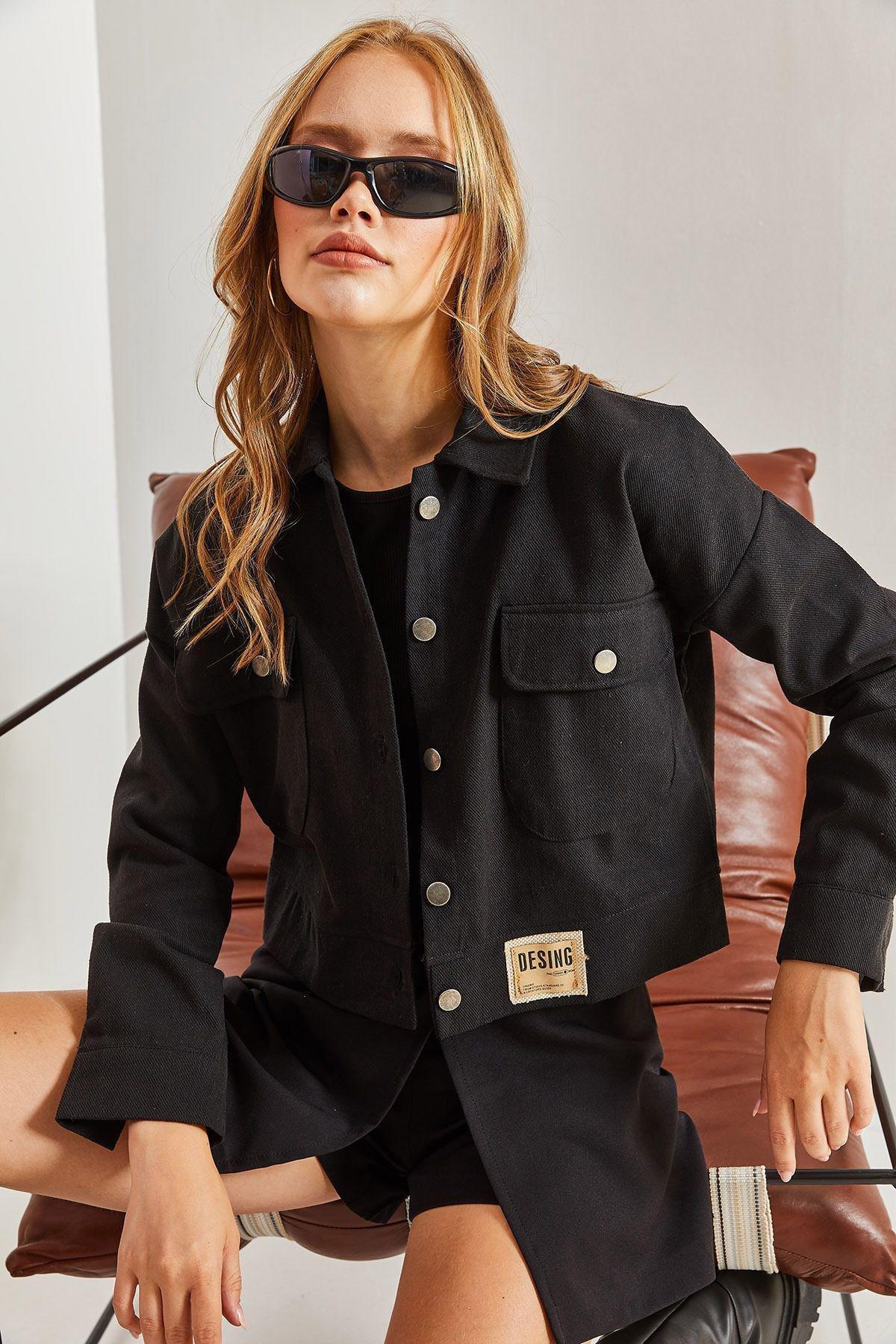 Black Double Pocketed Gabardine Jacket, , large image number 2