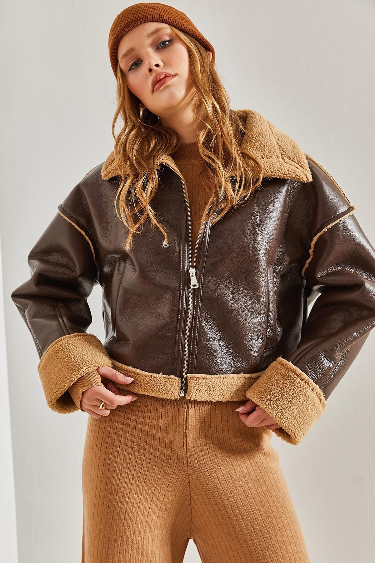 Brown Shearling Leather Coat With Side Pockets, , large image number 0