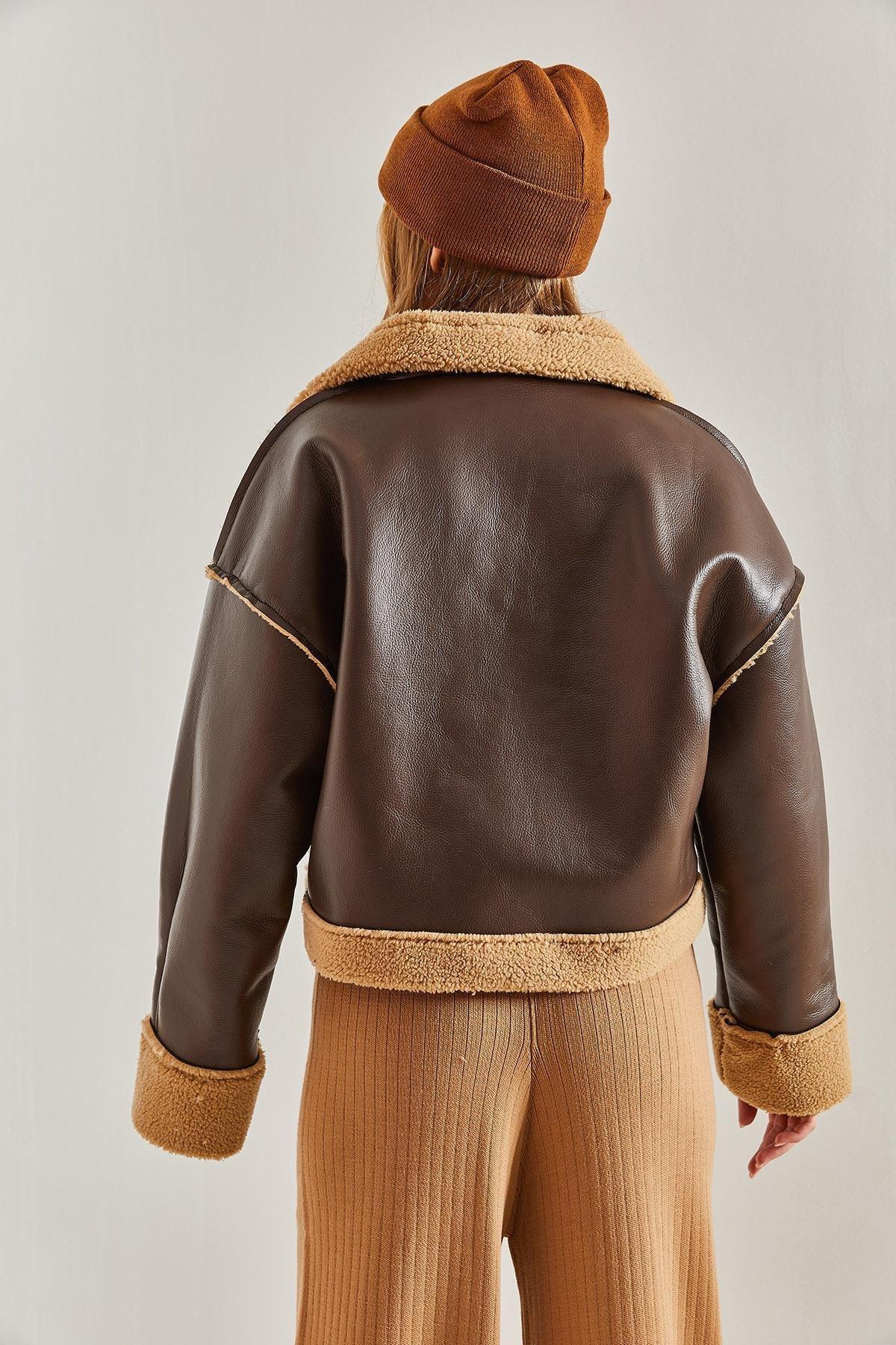 Brown Shearling Leather Coat With Side Pockets, , large image number 1