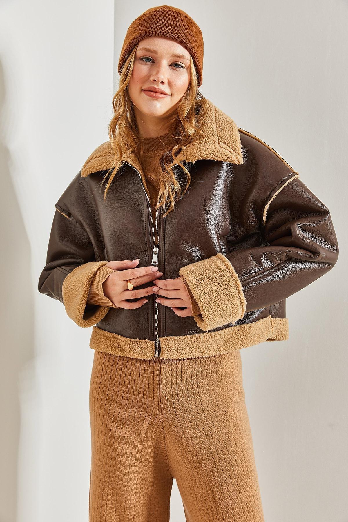 Brown Shearling Leather Coat With Side Pockets, , large image number 2