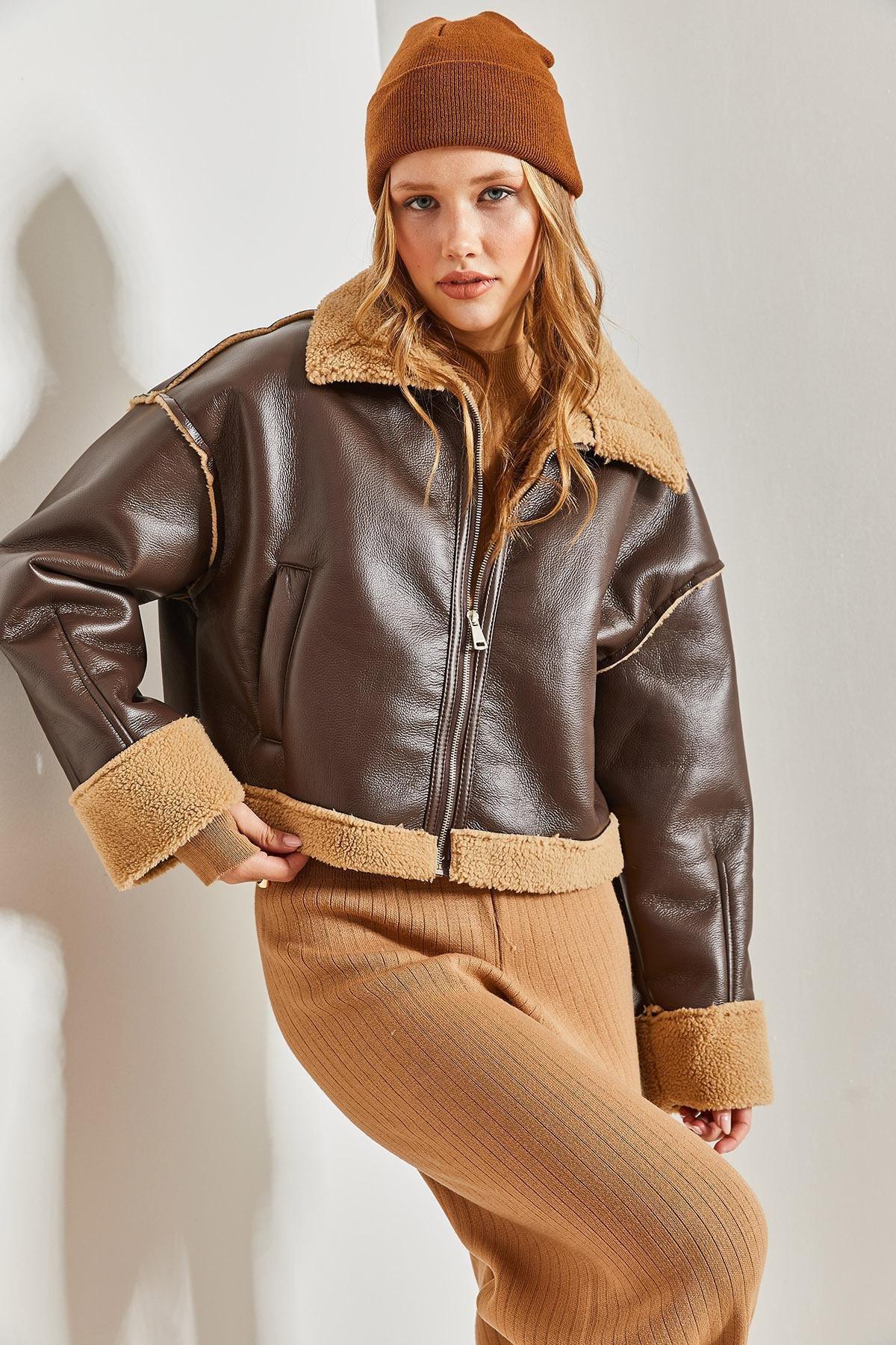 Brown Shearling Leather Coat With Side Pockets, , large image number 4