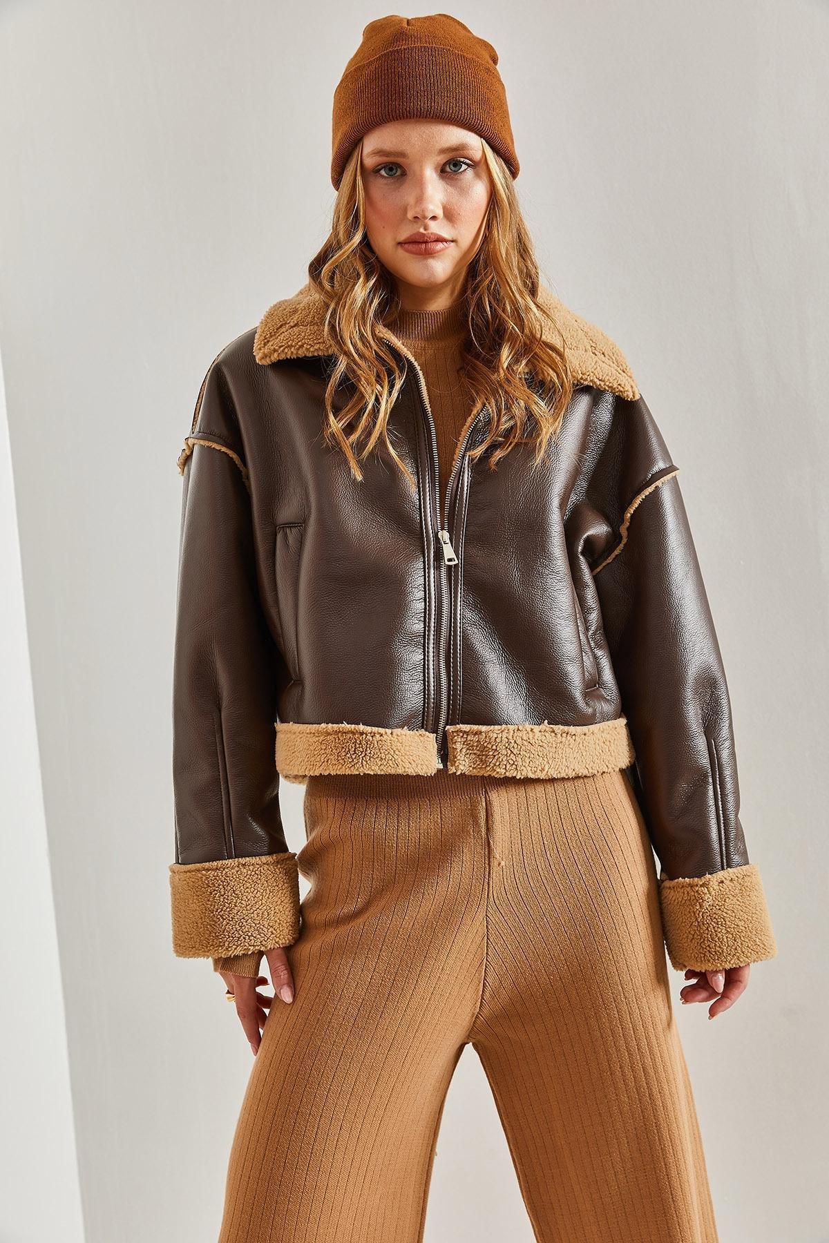 Brown Shearling Leather Coat With Side Pockets, , large image number 5