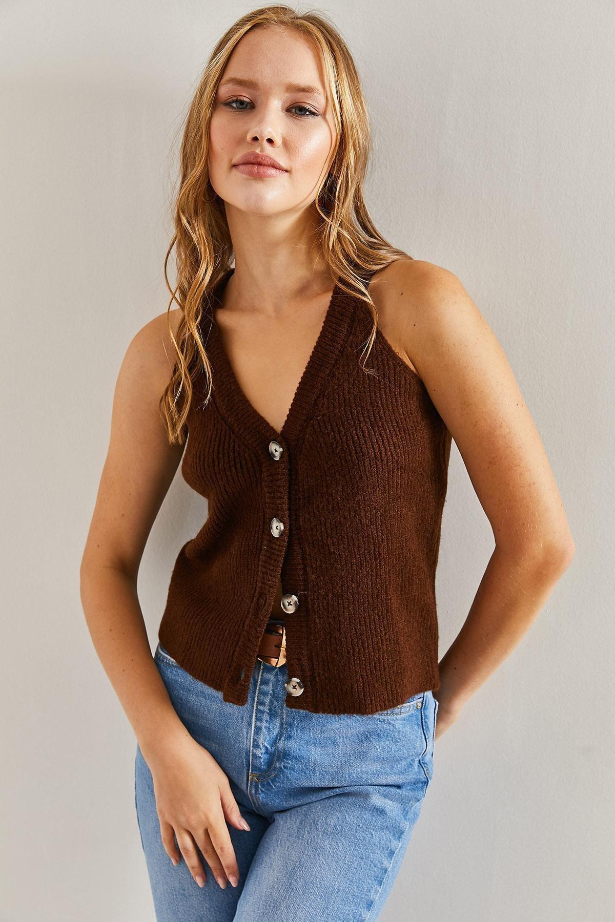 Brown Buttoned Knitwear Cardigan, Brown, large image number 3