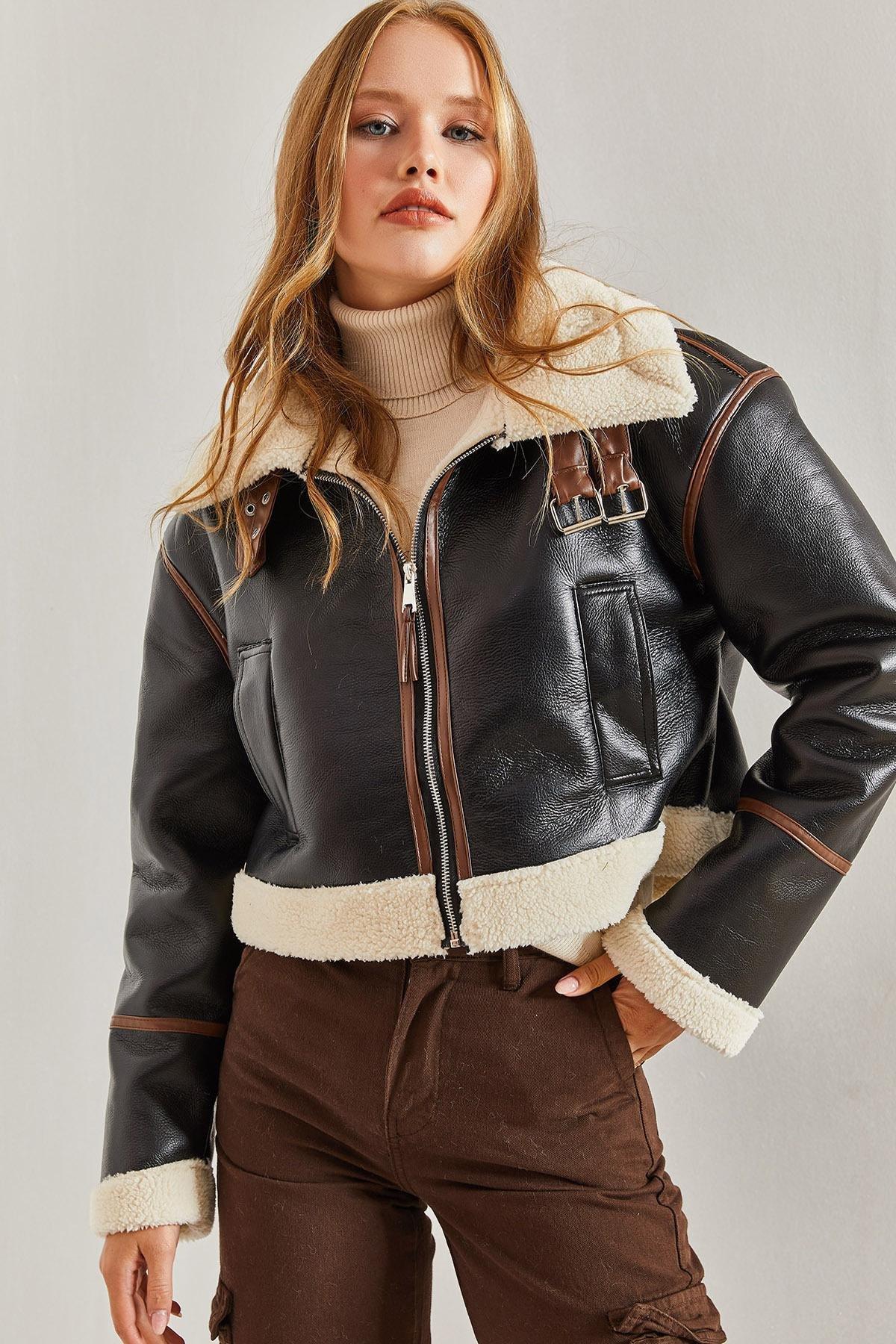 Black Collar Belted Laminated Jacket, , medium