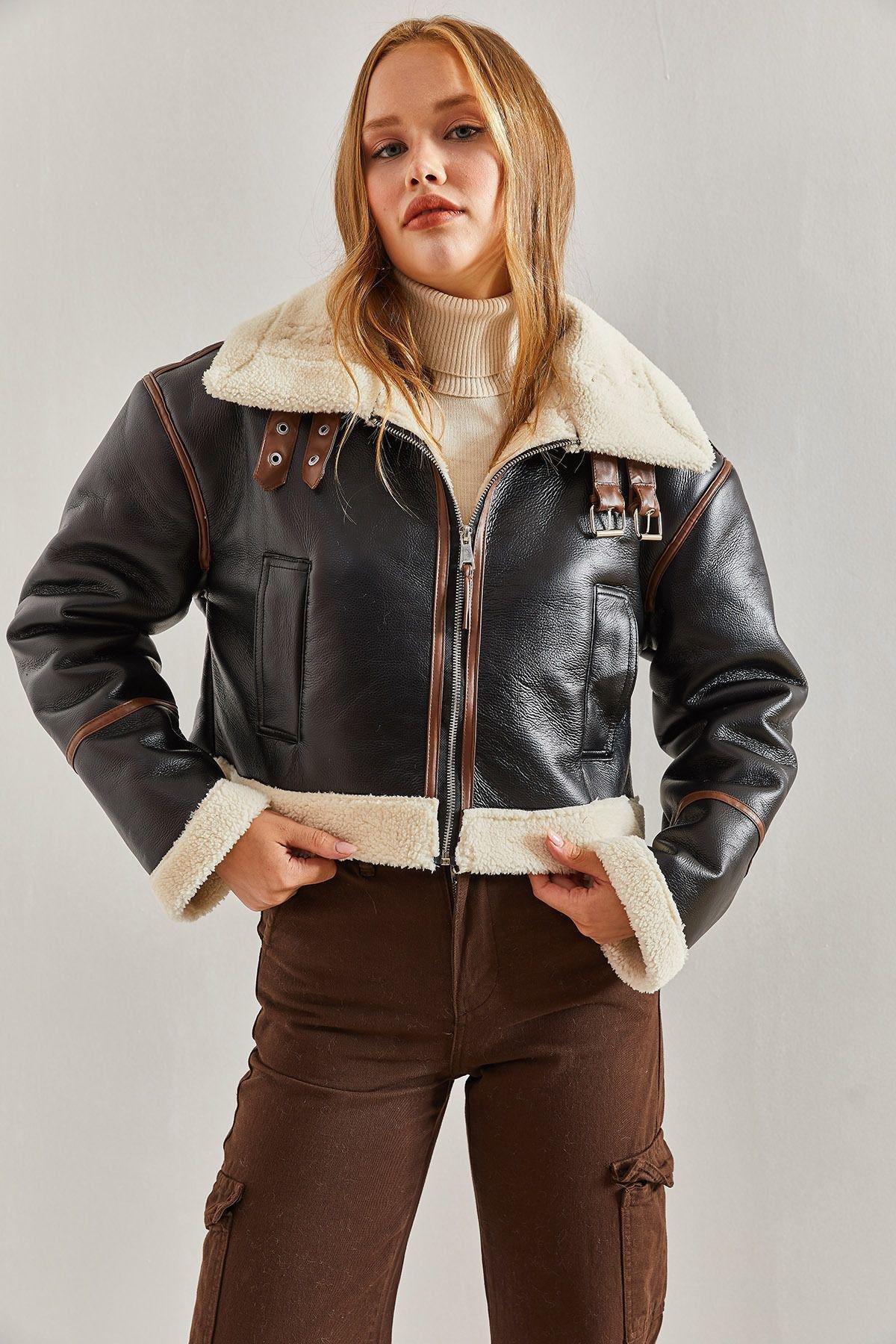 Black Collar Belted Laminated Jacket, , large image number 1