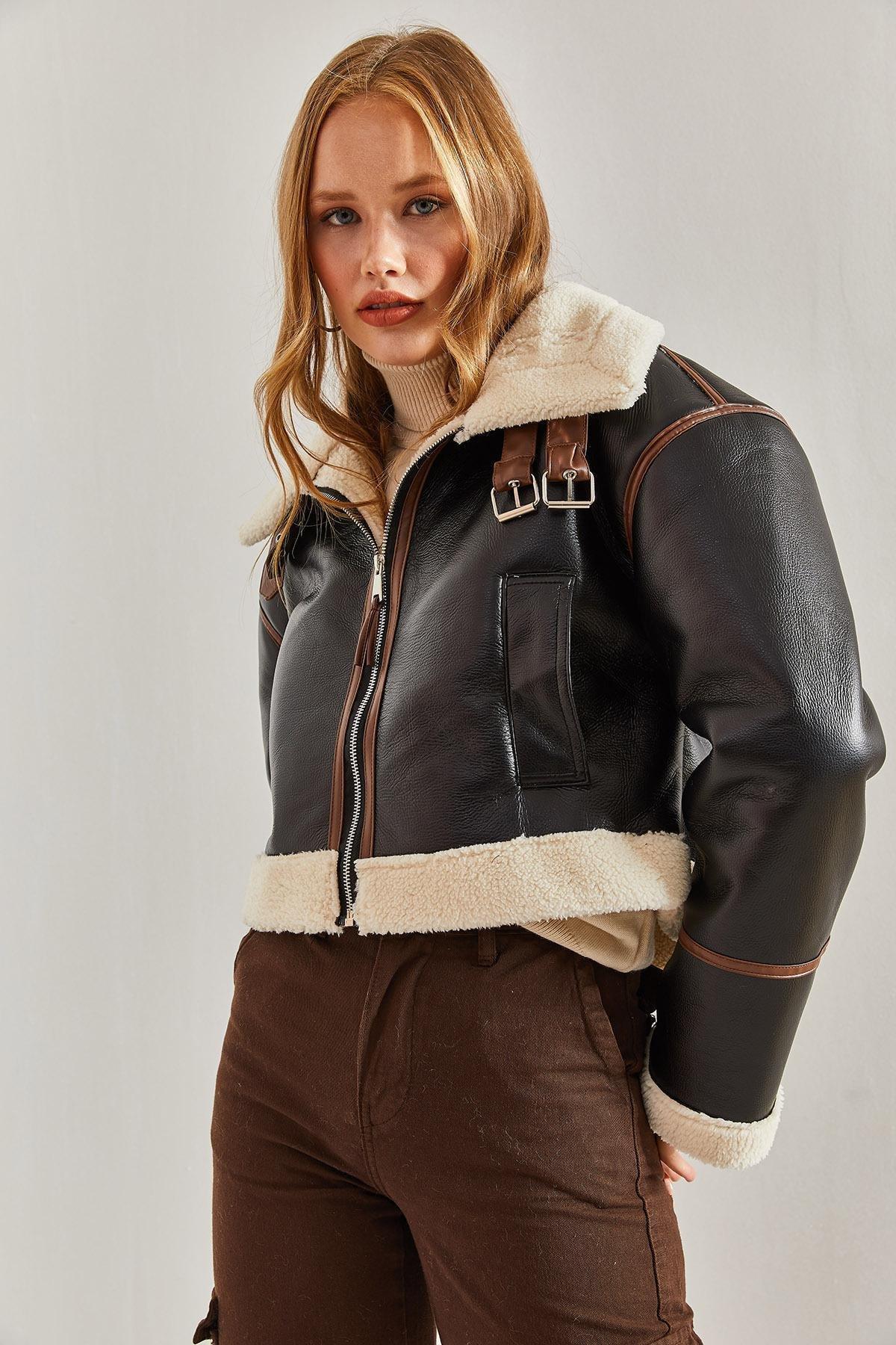 Black Collar Belted Laminated Jacket, , large image number 3