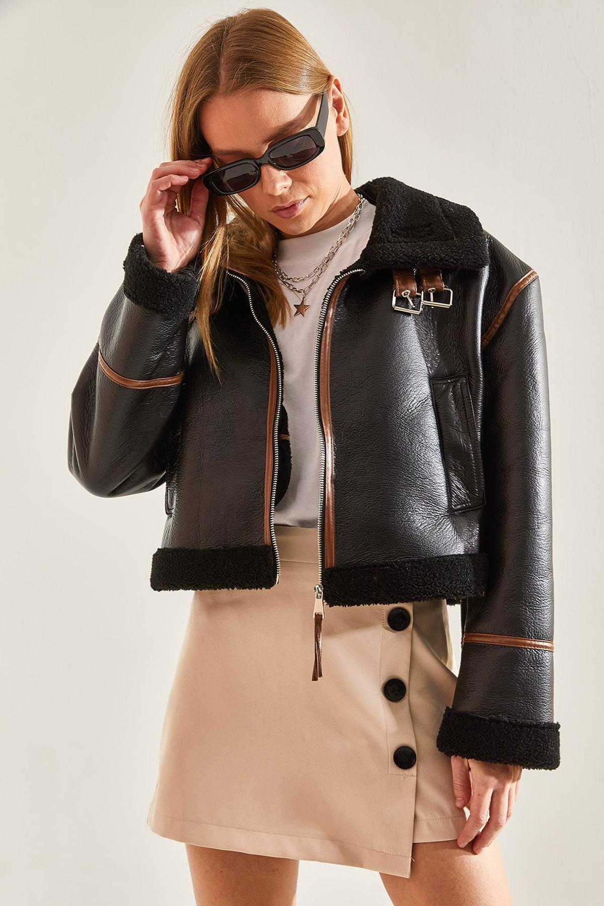 Black Collar Belted Laminated Jacket, , large image number 0
