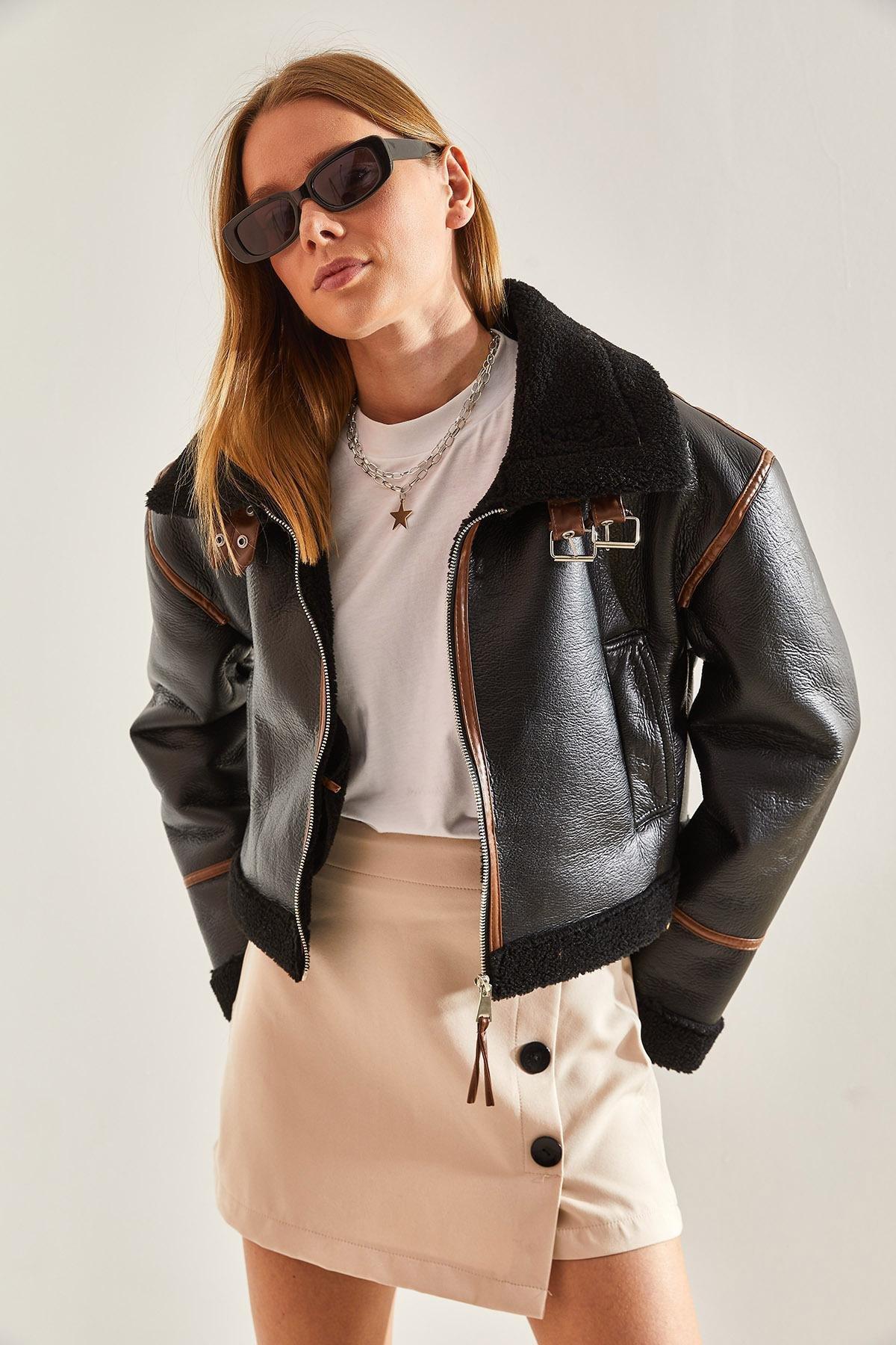 Black Collar Belted Laminated Jacket, , large image number 1