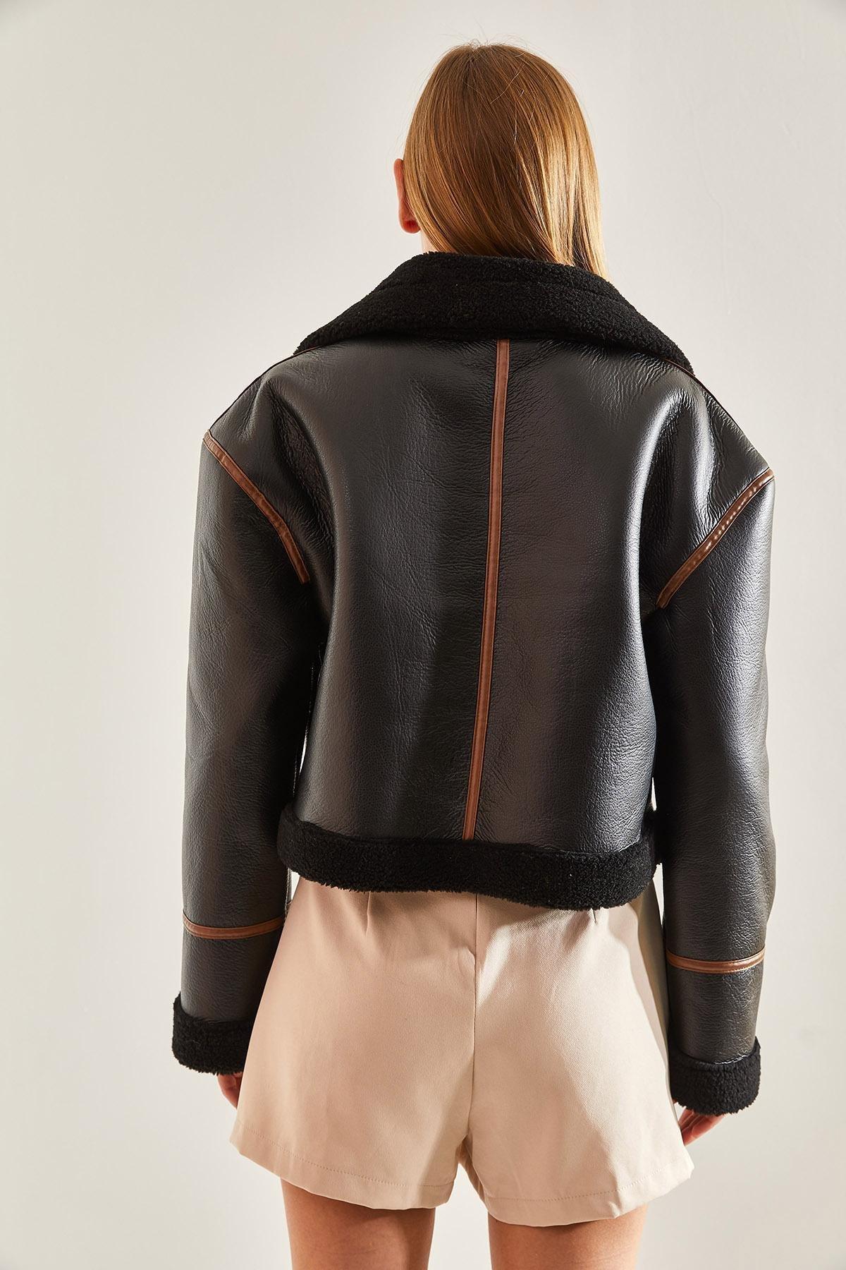 Black Collar Belted Laminated Jacket, , large image number 2