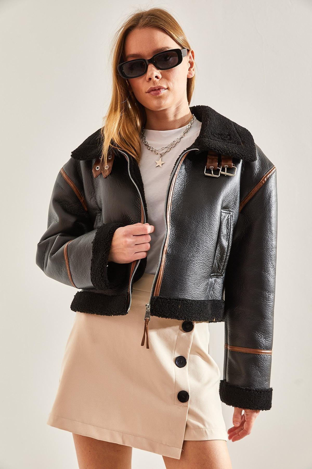 Black Collar Belted Laminated Jacket, , large image number 3