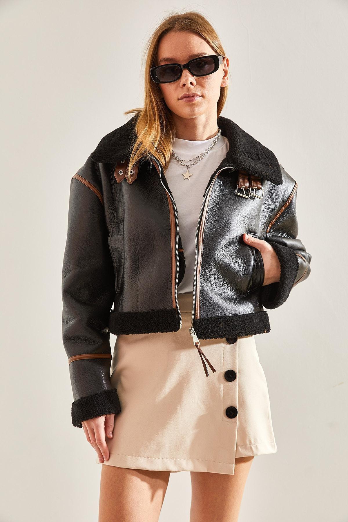 Black Collar Belted Laminated Jacket, , large image number 4