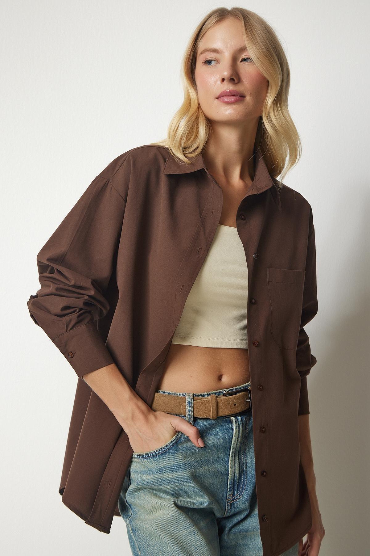 Brown One Pocket Boyfriend Poplin Shirt, Brown, large image number 0