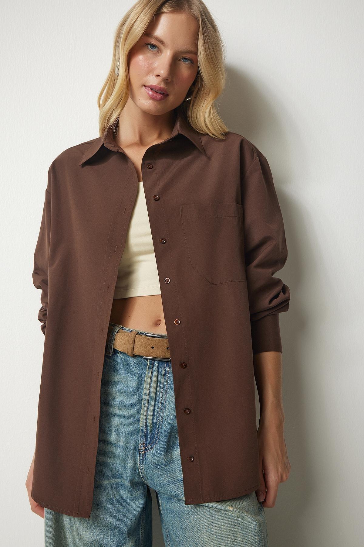 Brown One Pocket Boyfriend Poplin Shirt, Brown, large image number 1