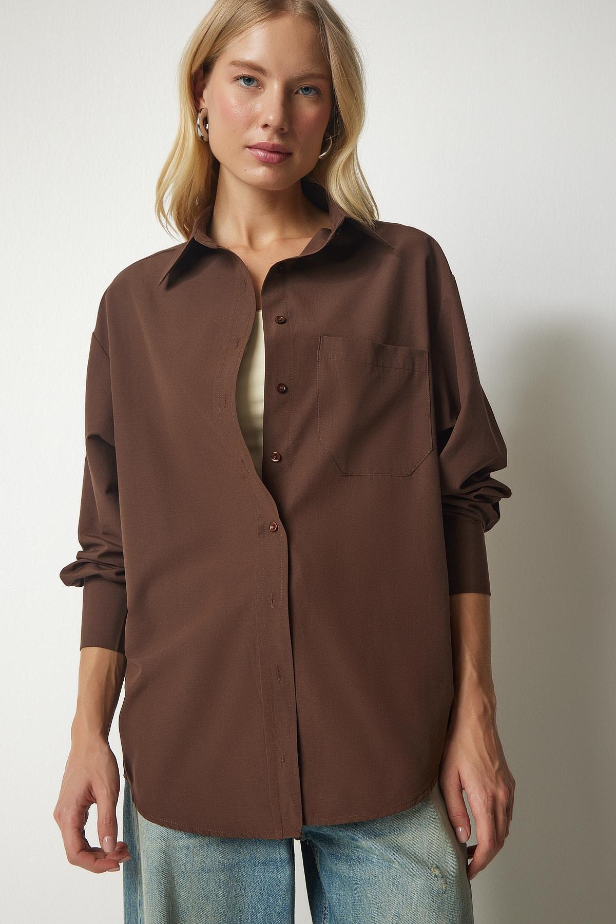 Brown One Pocket Boyfriend Poplin Shirt, Brown, large image number 2