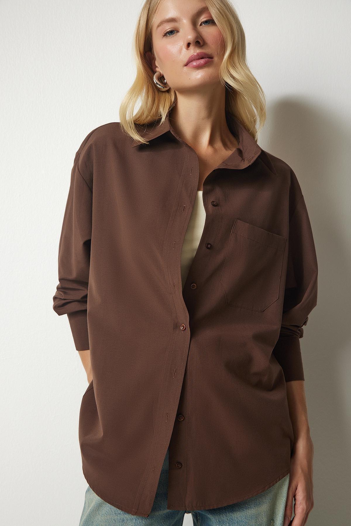 Brown One Pocket Boyfriend Poplin Shirt, Brown, large image number 3