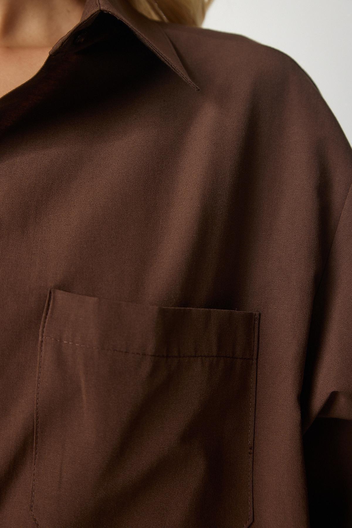 Brown One Pocket Boyfriend Poplin Shirt, Brown, large image number 4