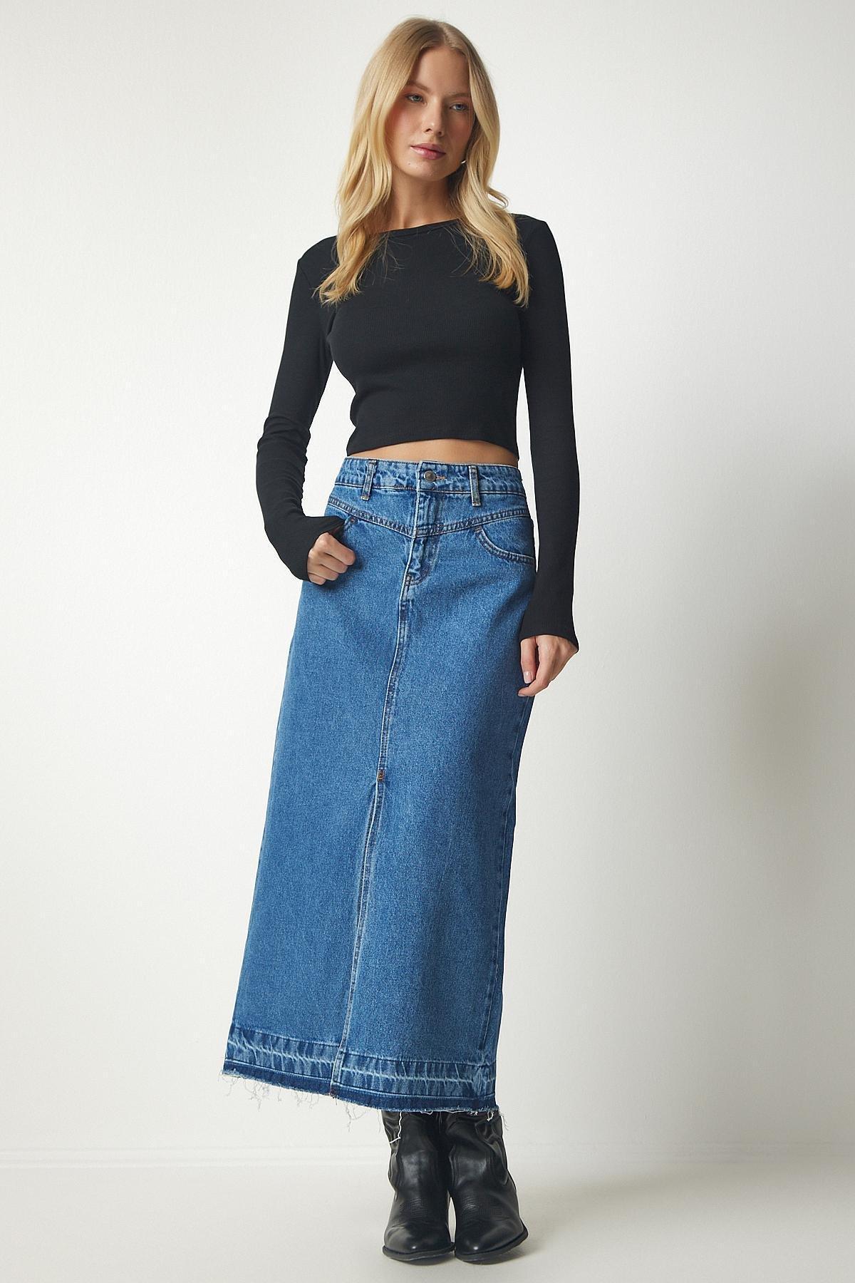 Blue Slit And Tasselled Denim Skirt, , large image number 1