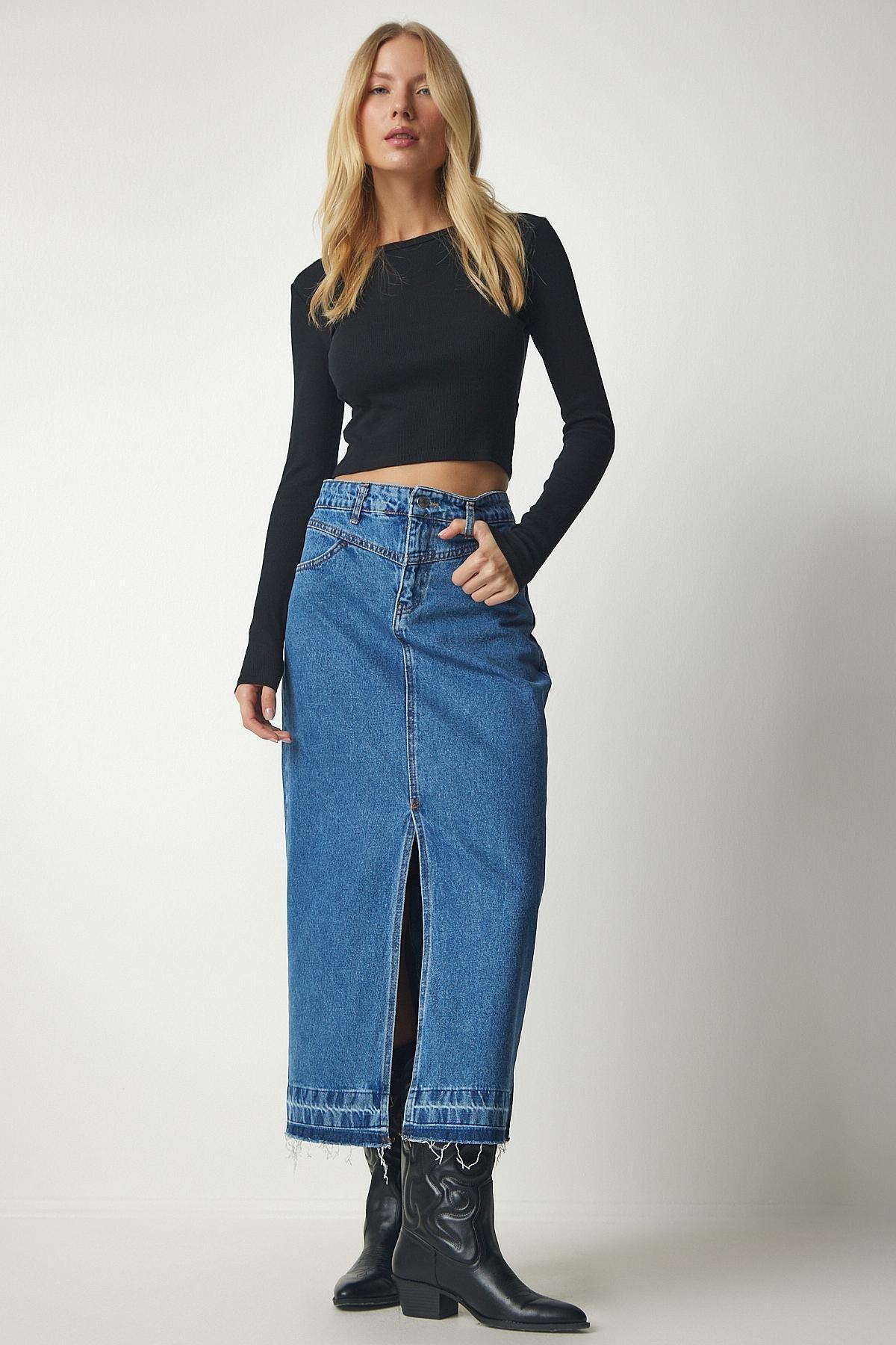 Blue Slit And Tasselled Denim Skirt, , large image number 2