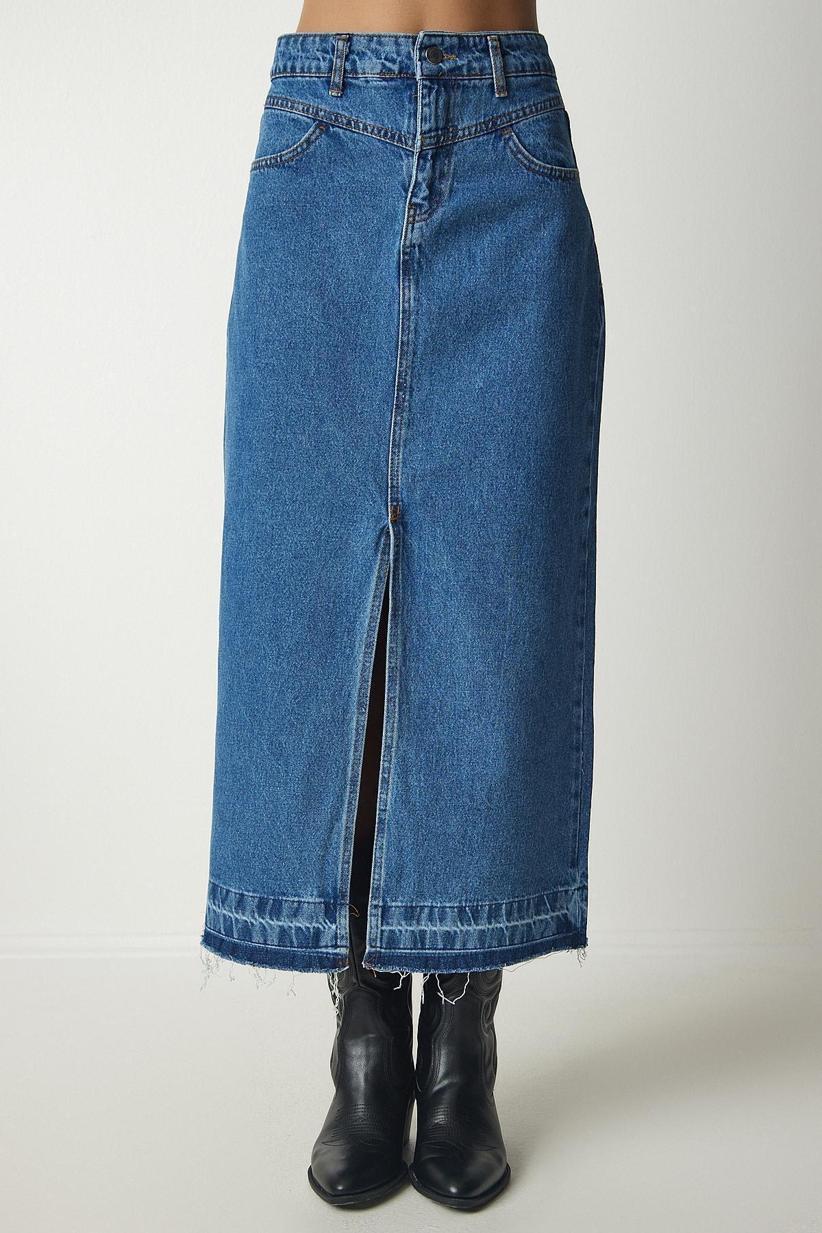 Blue Slit And Tasselled Denim Skirt, , large image number 4