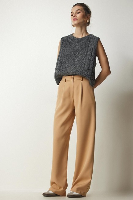 Happiness - Beige Pleated Woven Trousers