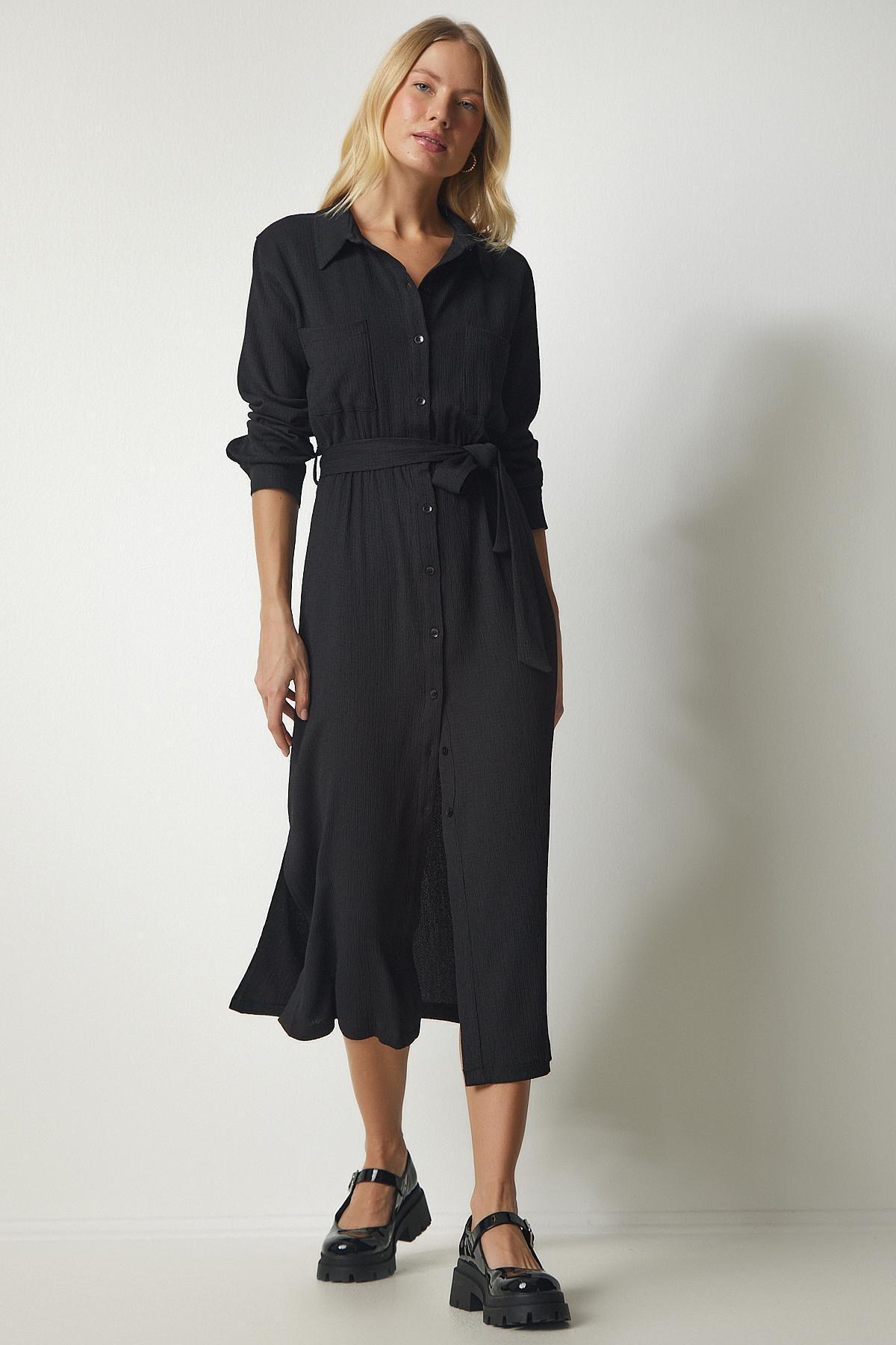 Black Belted Long Shirt Dress, , large image number 0