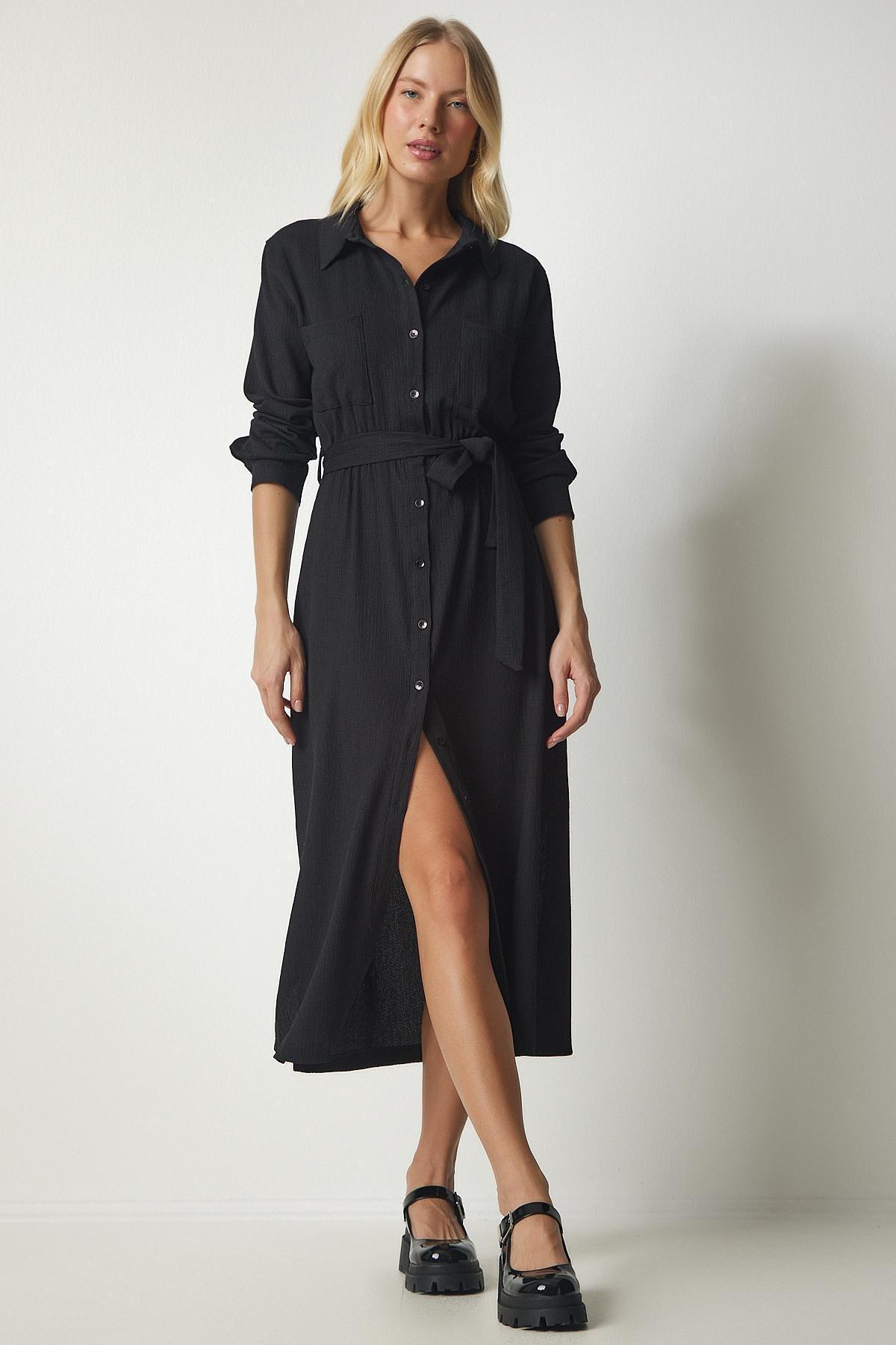 Black Belted Long Shirt Dress, , large image number 1