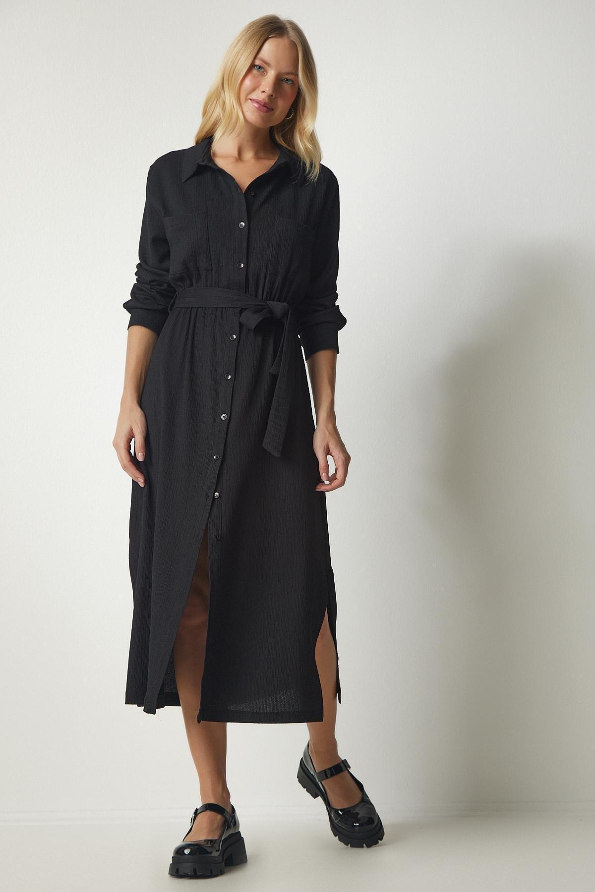 Black Belted Long Shirt Dress, , large image number 2