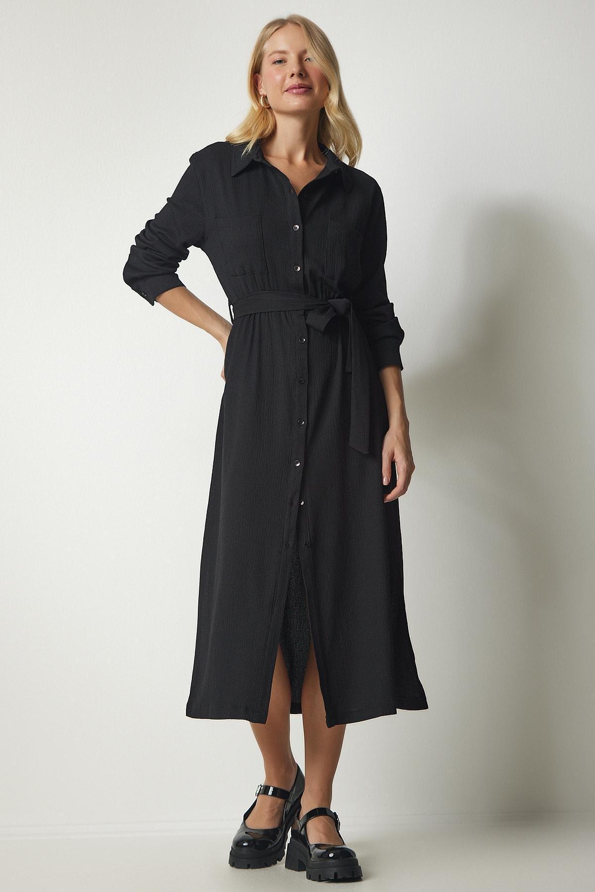 Black Belted Long Shirt Dress, , large image number 3