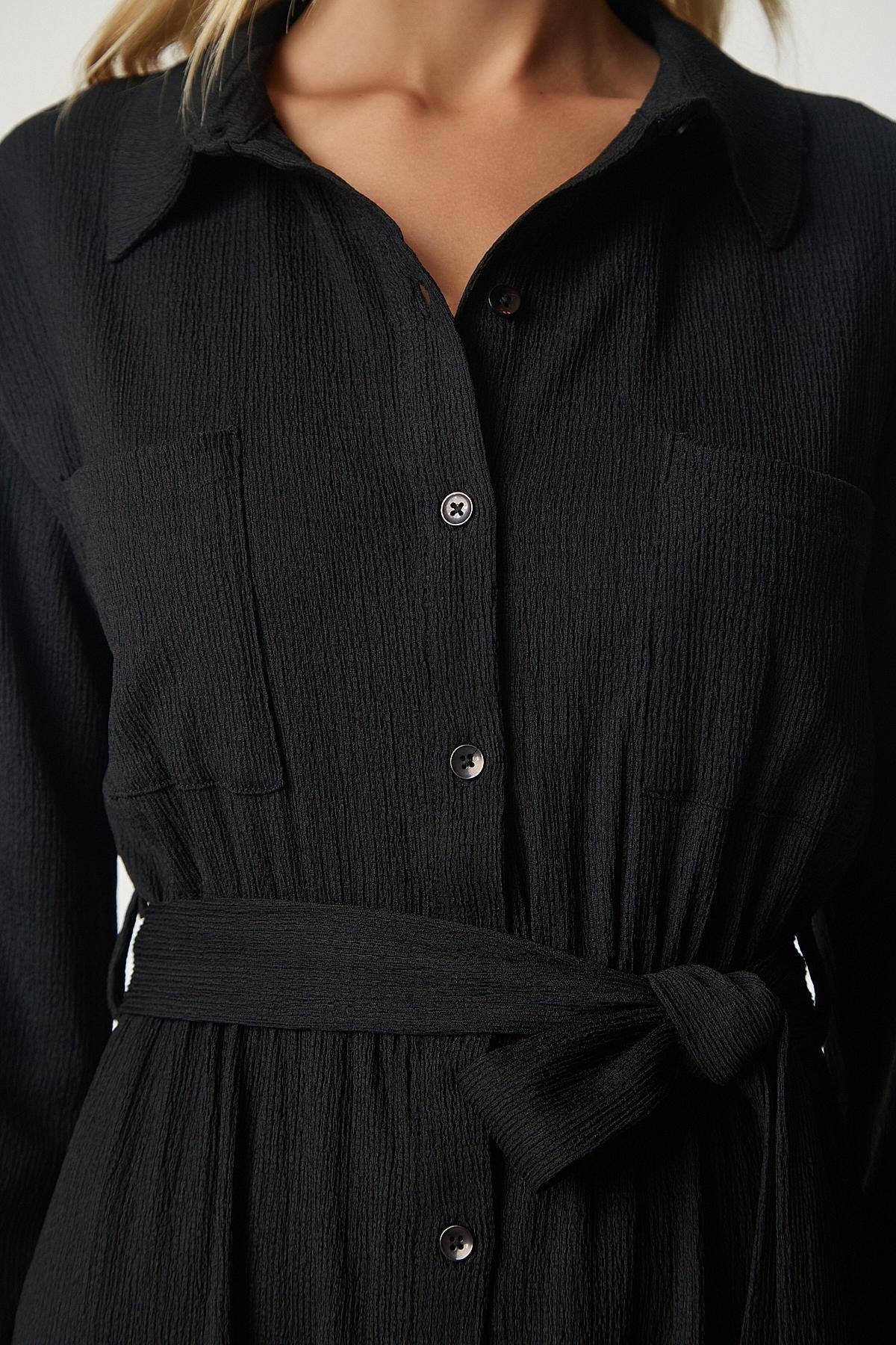 Black Belted Long Shirt Dress, , large image number 4