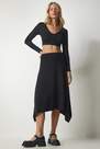 Happiness - Black Asymmetrical Cut Corduroy Knitted Skirt