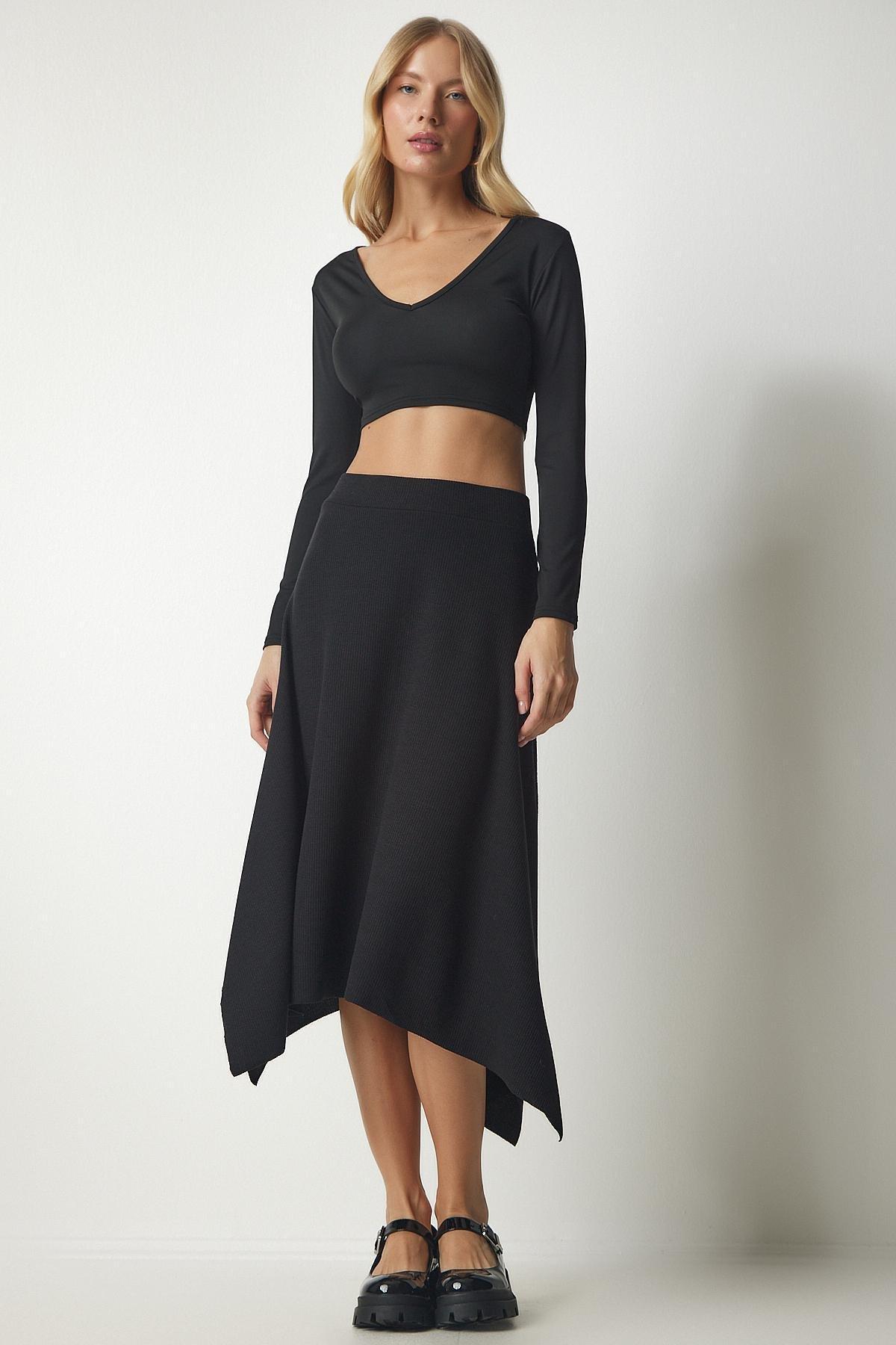 Happiness Istanbul - Black Asymmetrical Cut Corduroy Knitted Skirt