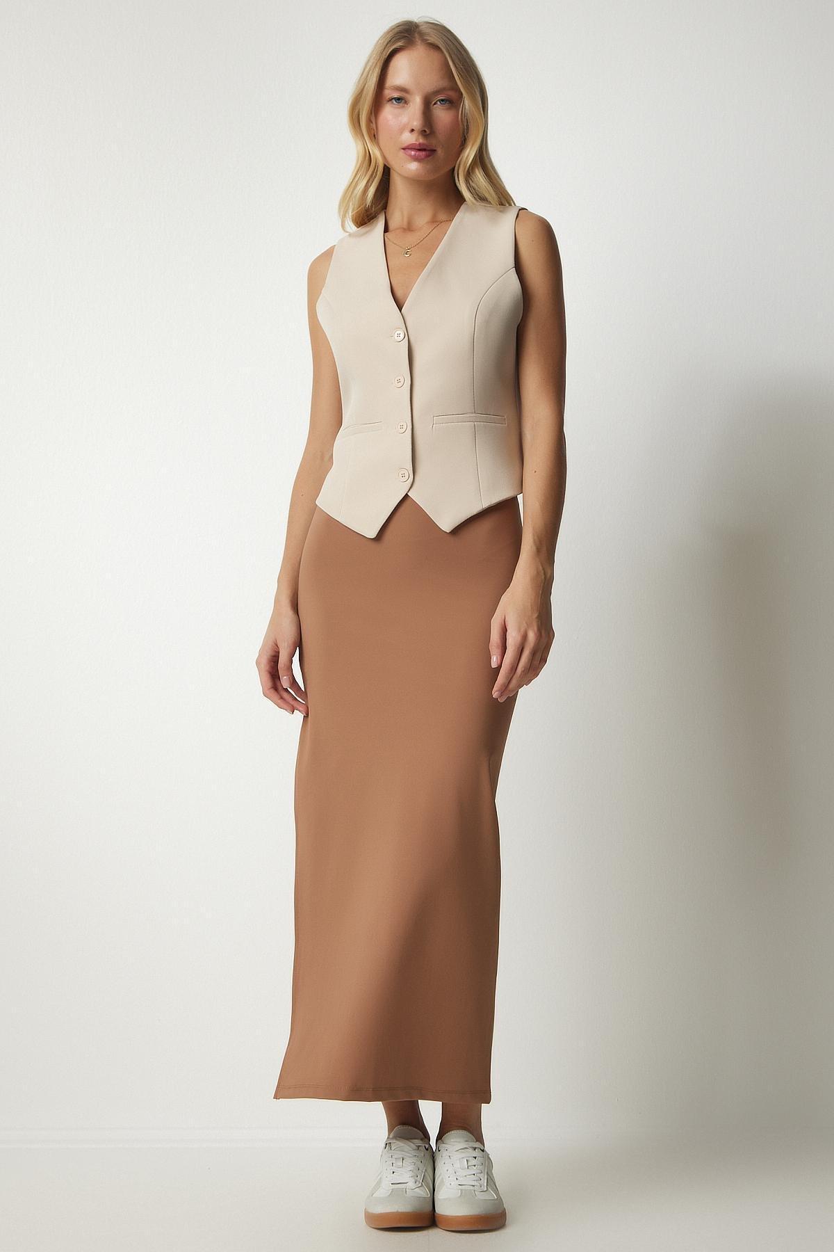 Beige Knitted Slit Midi Skirt, BISCUIT, large image number 1