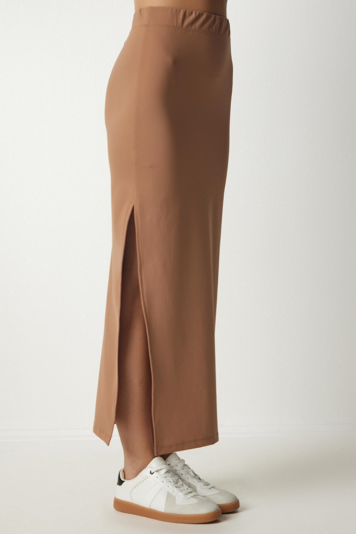 Beige Knitted Slit Midi Skirt, BISCUIT, large image number 2