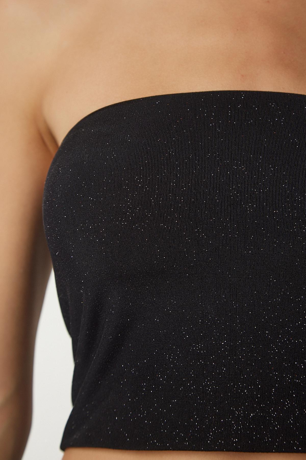 Black Glittery Strapless Crop Top, BLACK, large image number 3