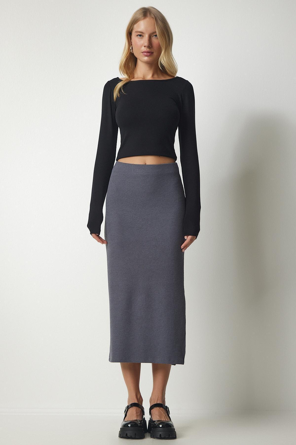 Happiness Istanbul - Gray Slotted Corduroy Knitted Pencil Skirt