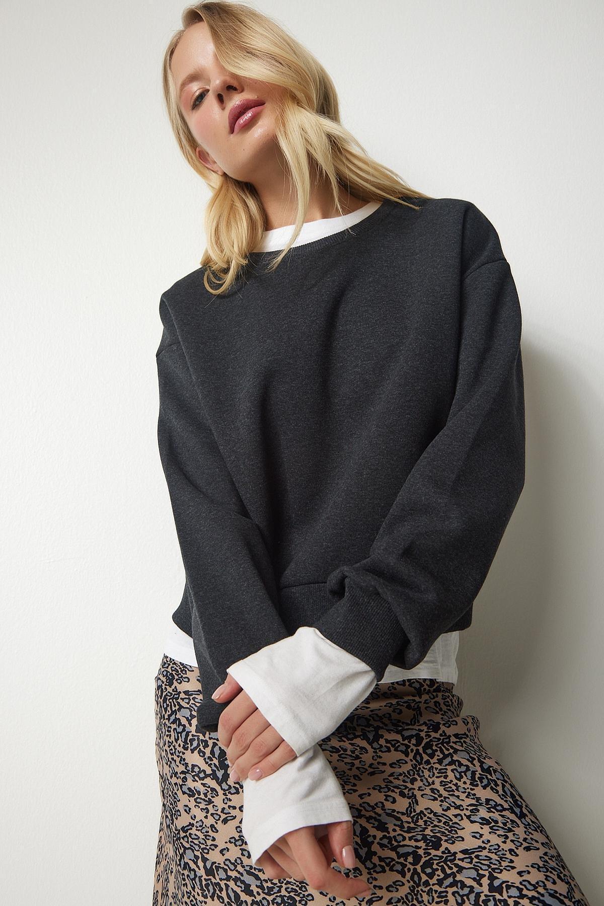 Grey Branded Crop Sweatshirt, Anthracite, large image number 2