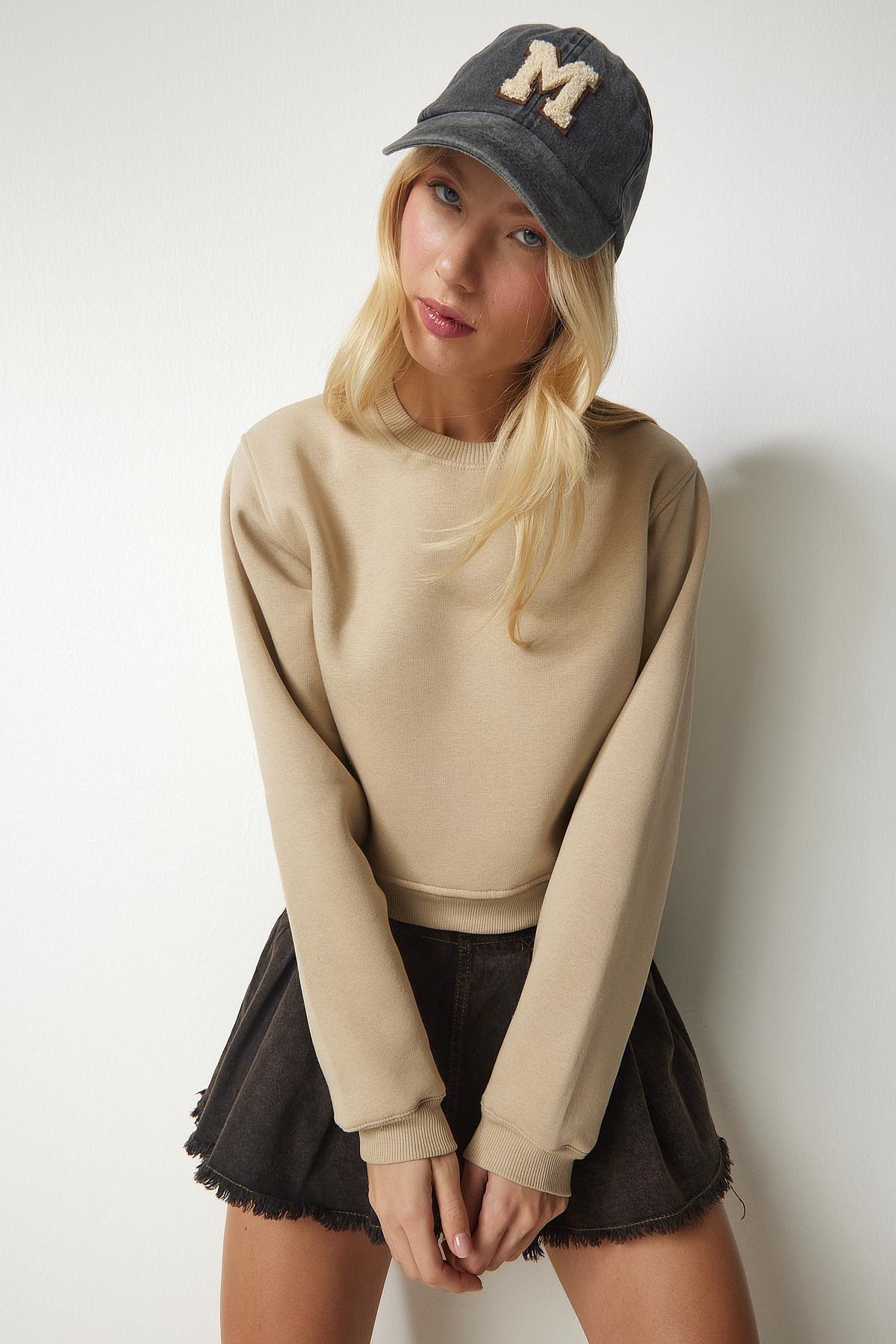 Beige Marked Crop Sweatshirt, Beige, large image number 0