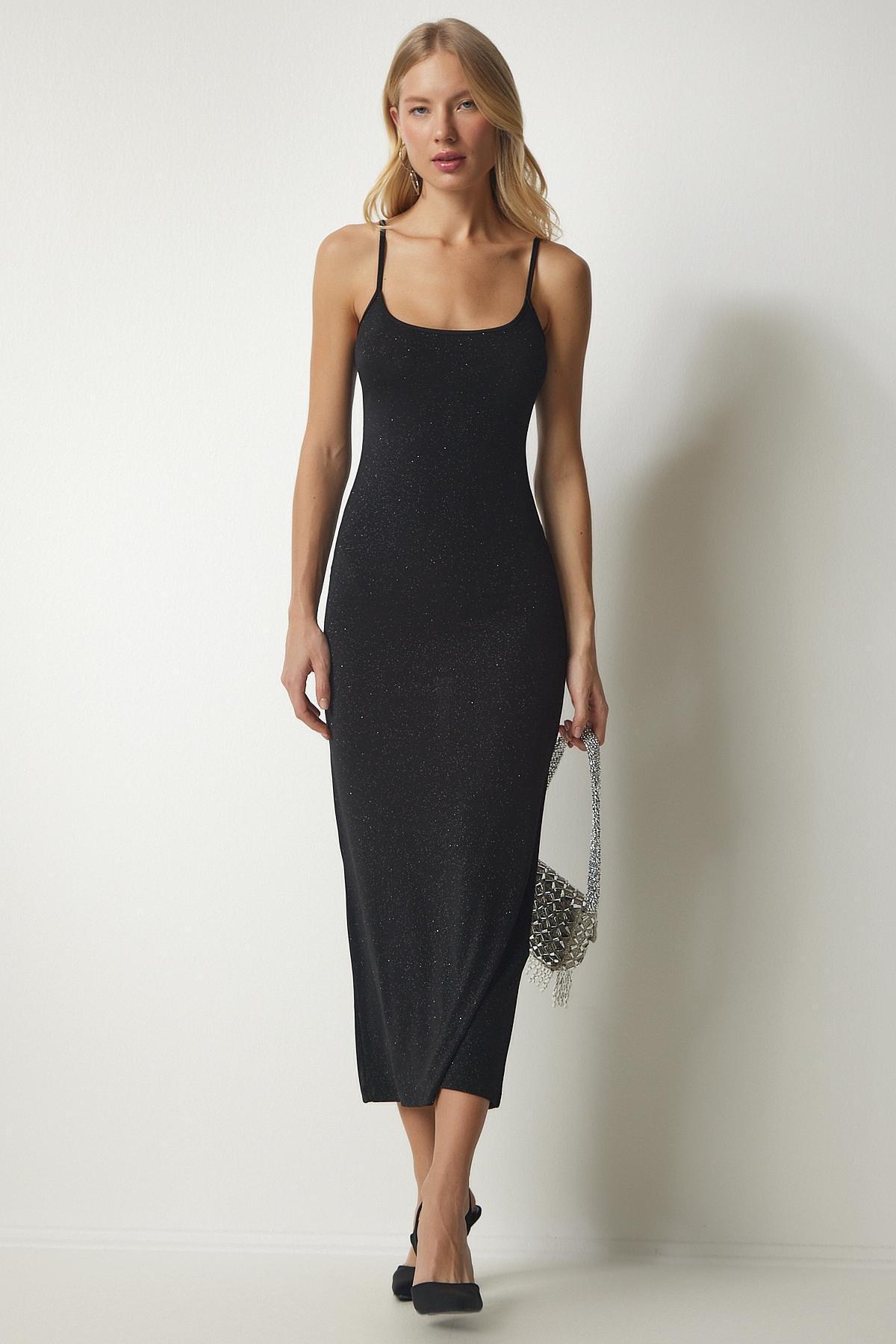 Black Straps Glittery Wraparound Dress, BLACK, large image number 1