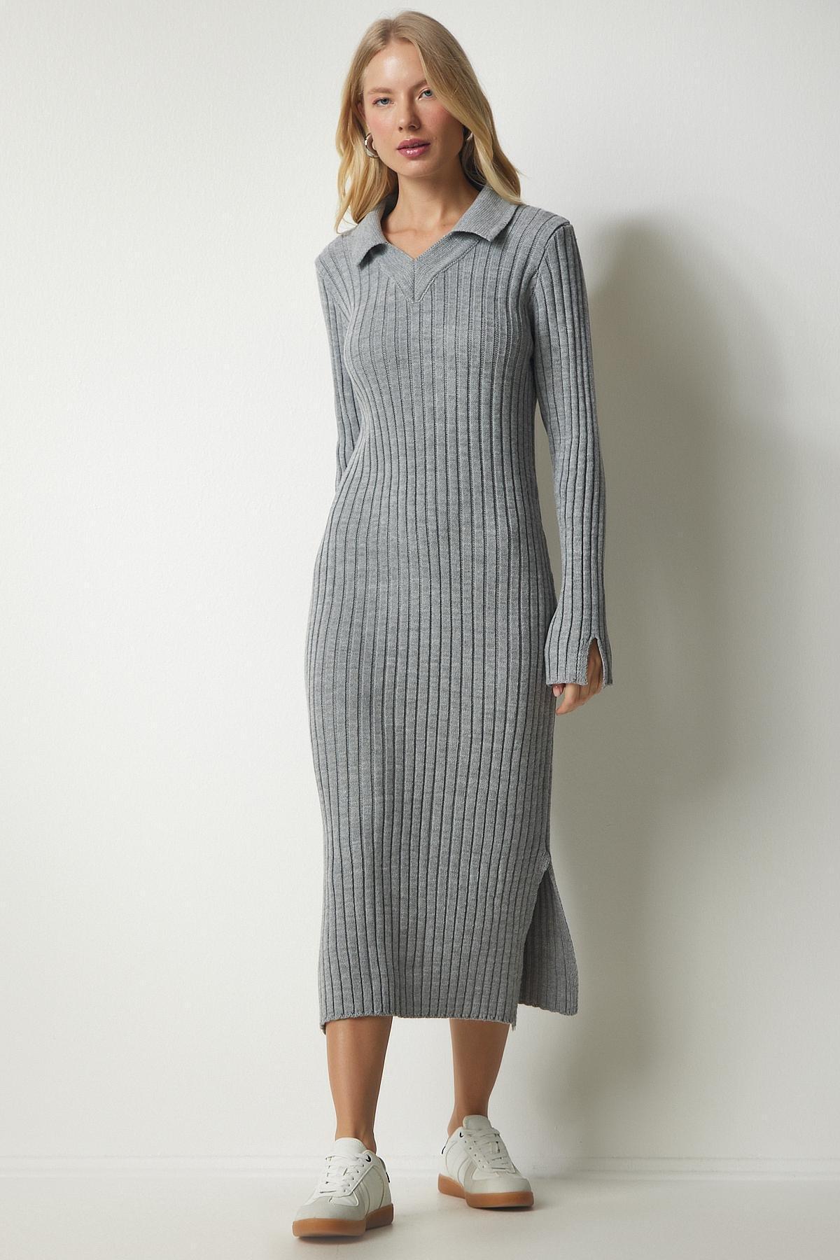 Grey Polo Neck Ribbed Knitwear Dress, C101_1653, large image number 0